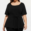 Anna-Kaci Women's Plus Size Short Sleeve Scoop Neck Top with Waist Tie Detail Flowy Peplum Hem Relaxed Shirt