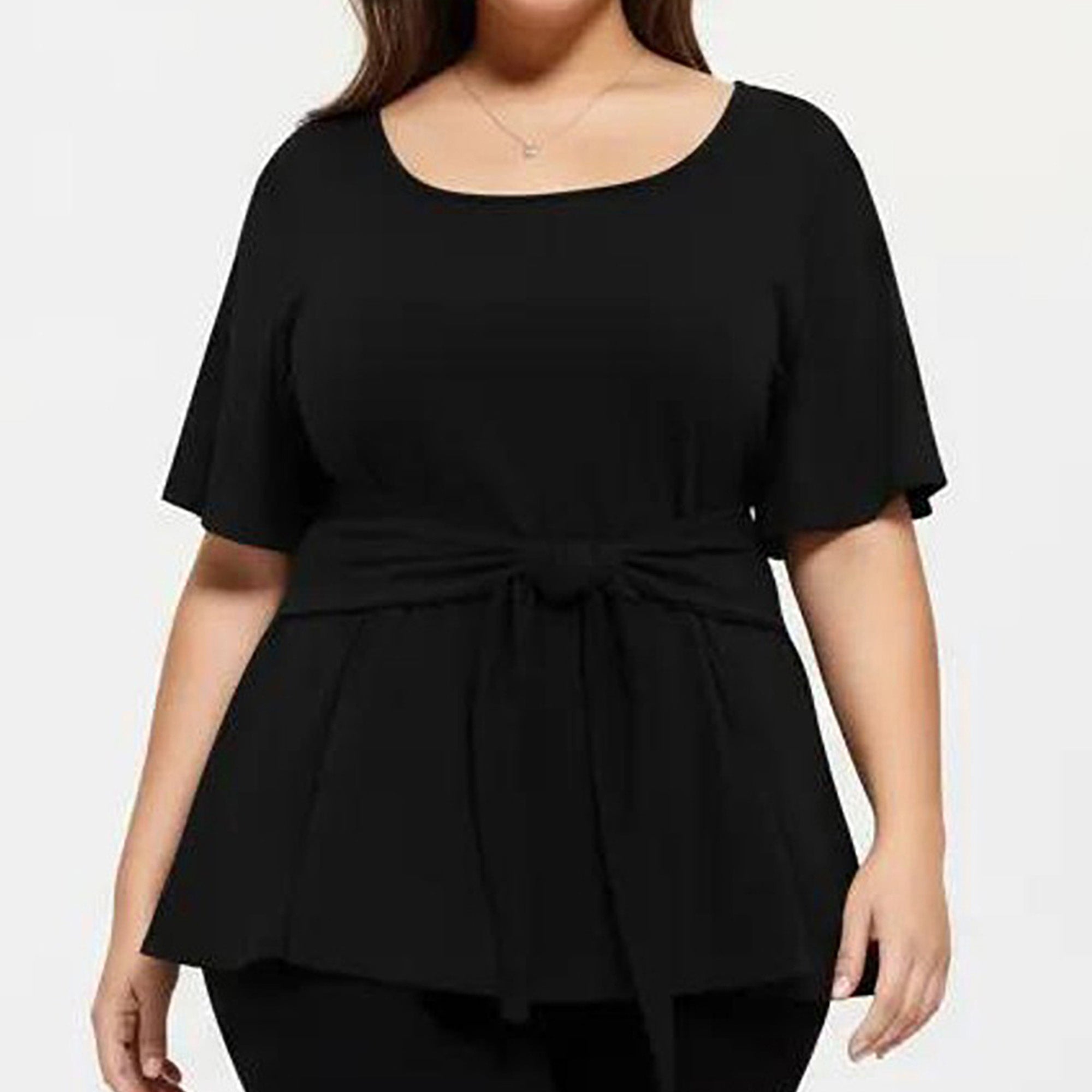 Anna-Kaci Women's Plus Size Short Sleeve Scoop Neck Top with Waist Tie Detail Flowy Peplum Hem Relaxed Shirt