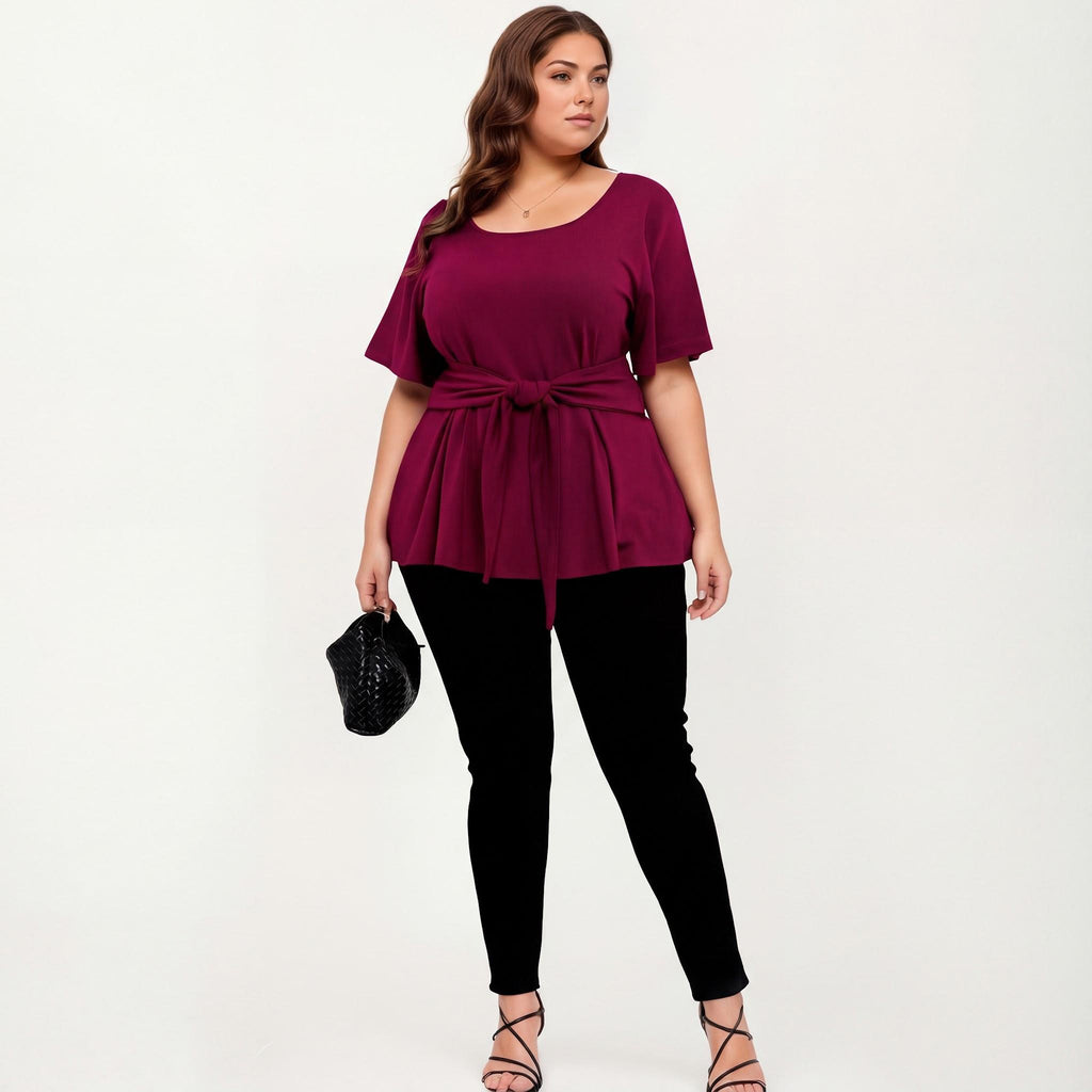 Anna-Kaci Women's Plus Size Short Sleeve Scoop Neck Top with Waist Tie Detail Flowy Peplum Hem Relaxed Shirt