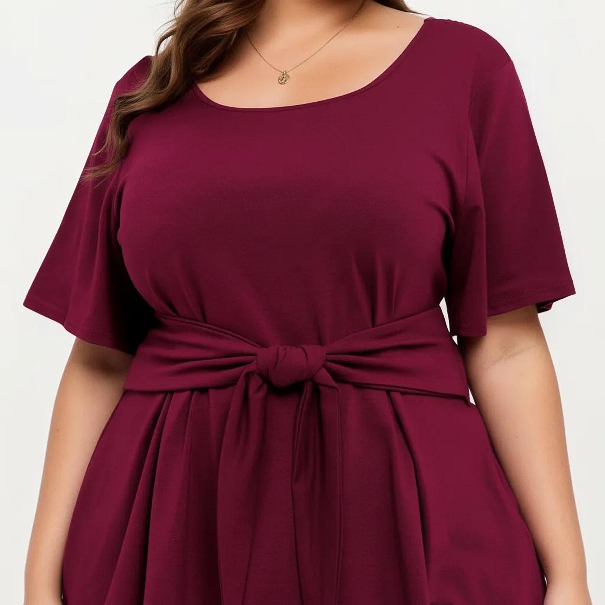 Anna-Kaci Women's Plus Size Short Sleeve Scoop Neck Top with Waist Tie Detail Flowy Peplum Hem Relaxed Shirt