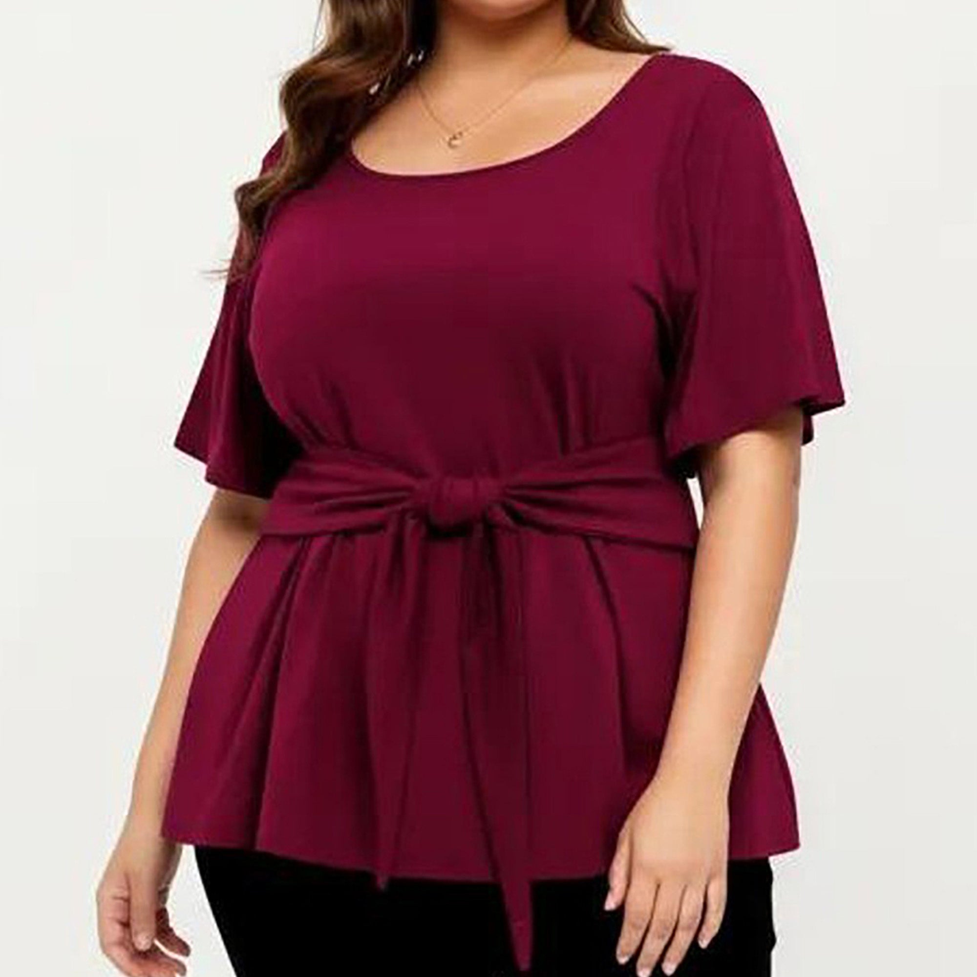 Anna-Kaci Women's Plus Size Short Sleeve Scoop Neck Top with Waist Tie Detail Flowy Peplum Hem Relaxed Shirt