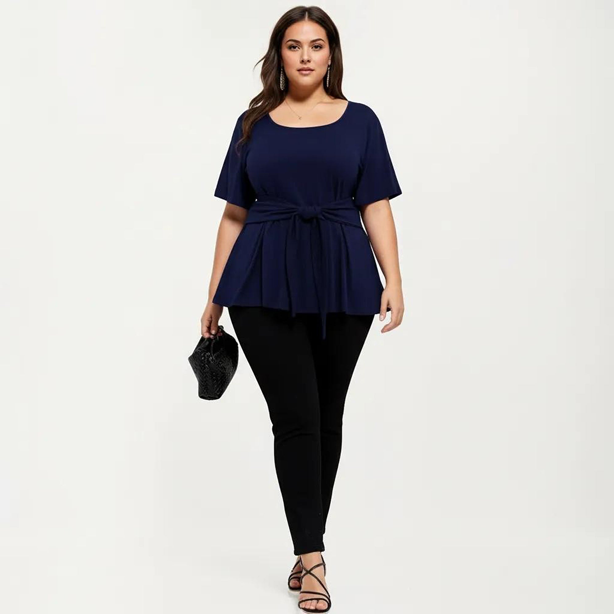 Anna-Kaci Women's Plus Size Short Sleeve Scoop Neck Top with Waist Tie Detail Flowy Peplum Hem Relaxed Shirt