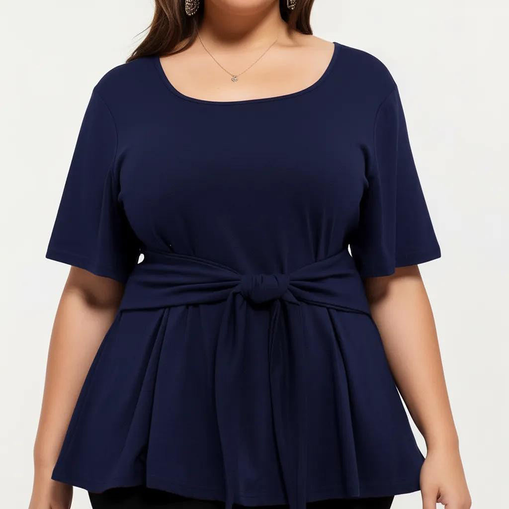 Anna-Kaci Women's Plus Size Short Sleeve Scoop Neck Top with Waist Tie Detail Flowy Peplum Hem Relaxed Shirt