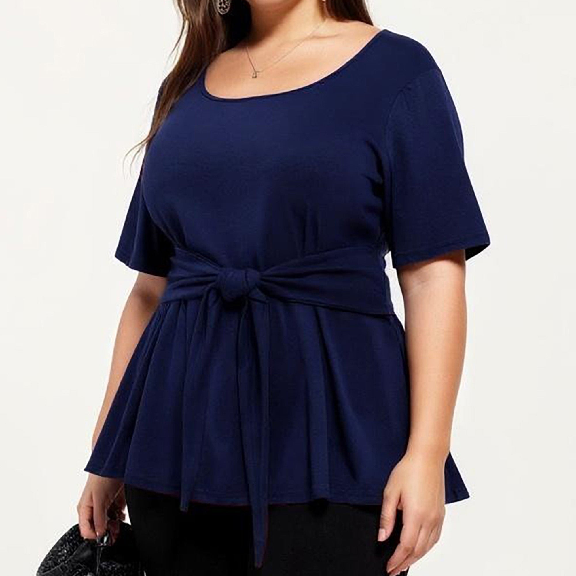 Anna-Kaci Women's Plus Size Short Sleeve Scoop Neck Top with Waist Tie Detail Flowy Peplum Hem Relaxed Shirt