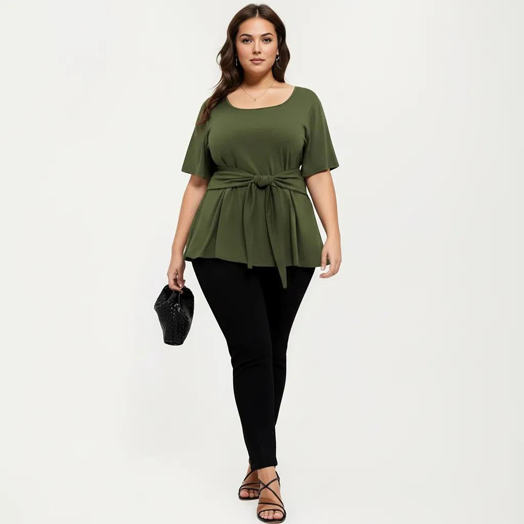 Anna-Kaci Women's Plus Size Short Sleeve Scoop Neck Top with Waist Tie Detail Flowy Peplum Hem Relaxed Shirt
