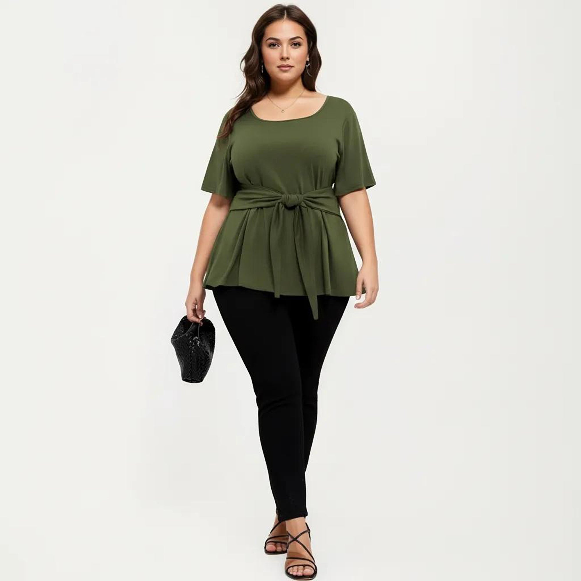Anna-Kaci Women's Plus Size Short Sleeve Scoop Neck Top with Waist Tie Detail Flowy Peplum Hem Relaxed Shirt