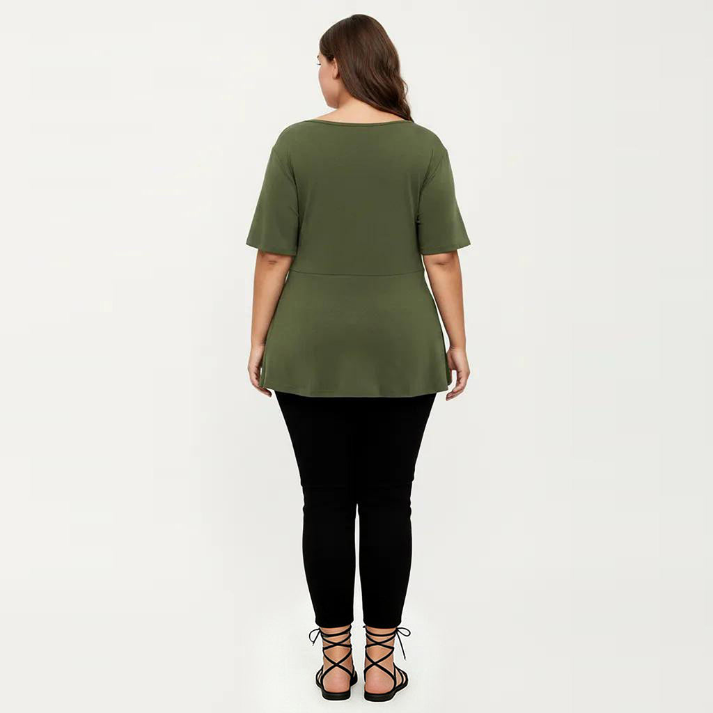 Anna-Kaci Women's Plus Size Short Sleeve Scoop Neck Top with Waist Tie Detail Flowy Peplum Hem Relaxed Shirt