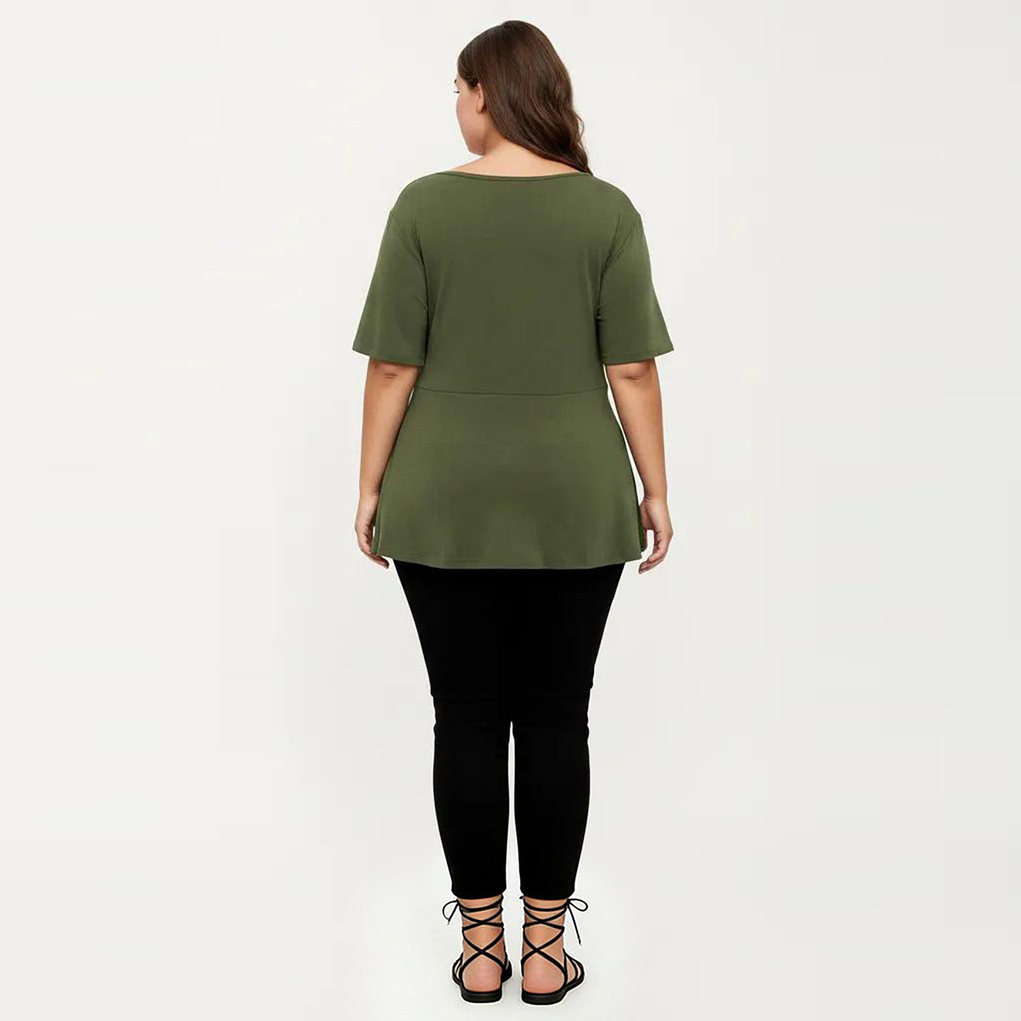 Anna-Kaci Women's Plus Size Short Sleeve Scoop Neck Top with Waist Tie Detail Flowy Peplum Hem Relaxed Shirt