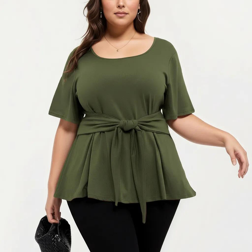 Anna-Kaci Women's Plus Size Short Sleeve Scoop Neck Top with Waist Tie Detail Flowy Peplum Hem Relaxed Shirt