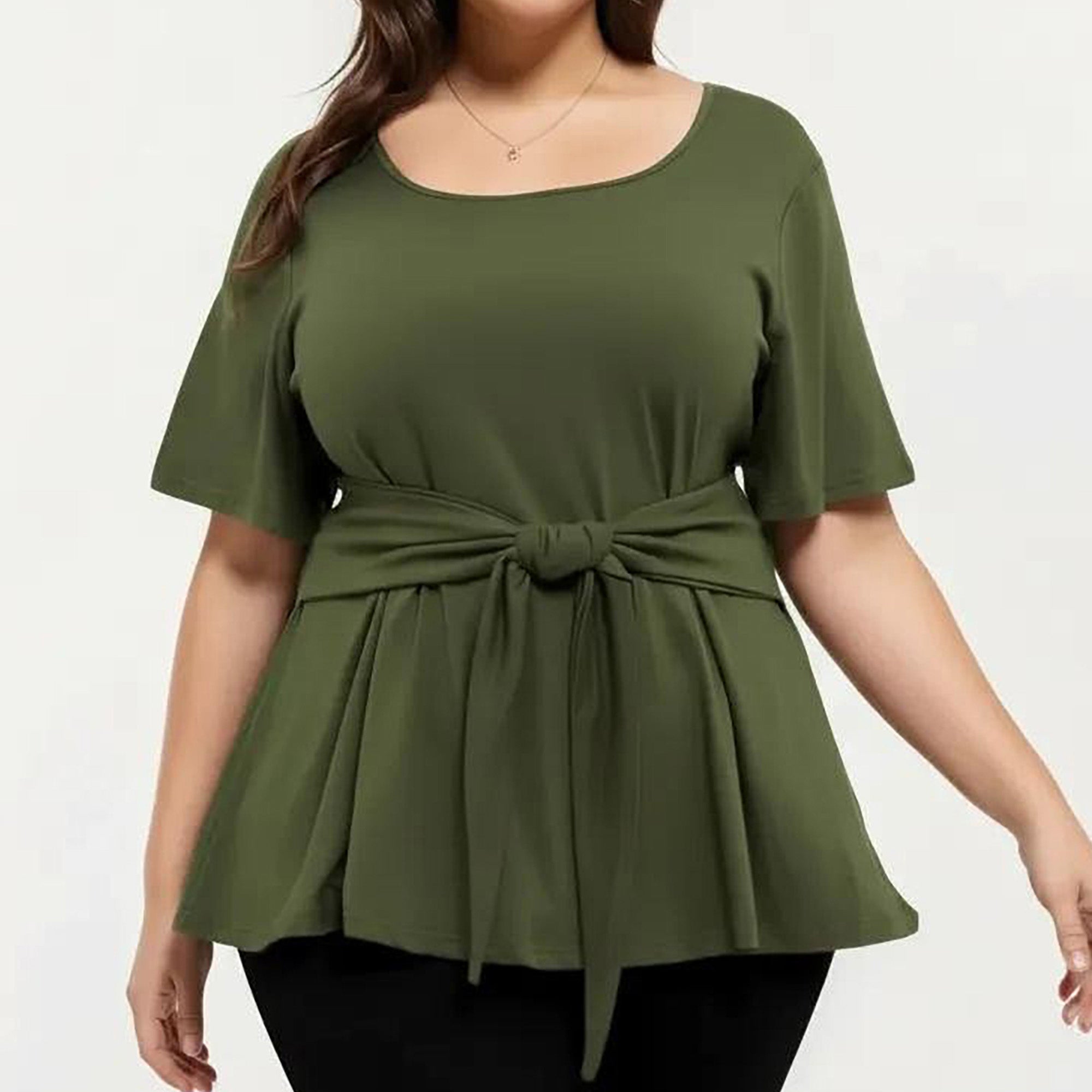 Anna-Kaci Women's Plus Size Short Sleeve Scoop Neck Top with Waist Tie Detail Flowy Peplum Hem Relaxed Shirt