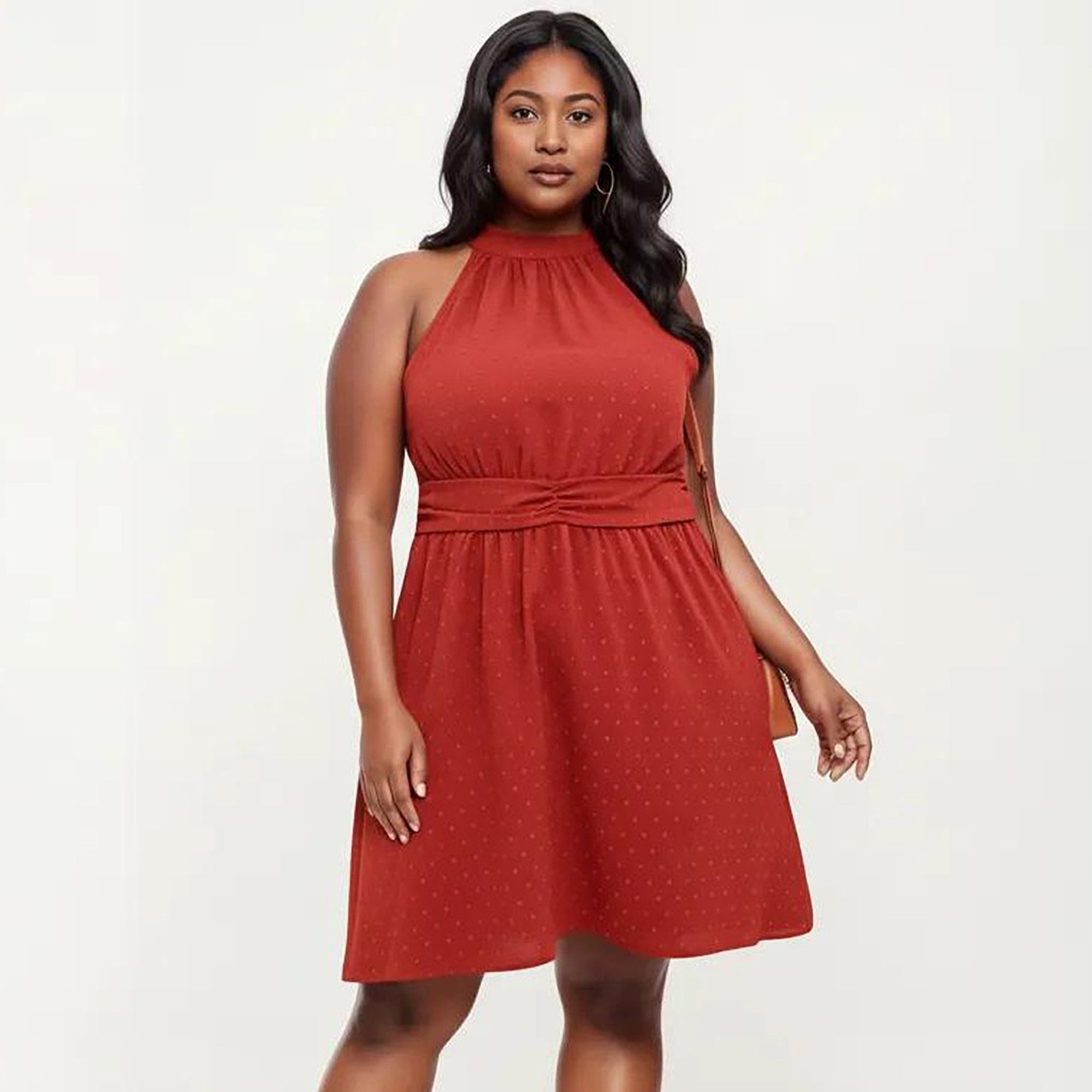 Anna-Kaci Women's Plus Size Sleeveless Halter Neck Dress with Textured Fabric High Neck A-Line Silhouette