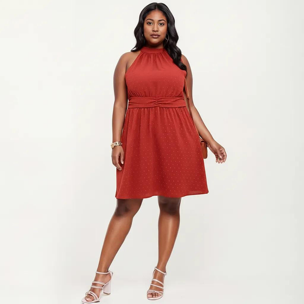 Anna-Kaci Women's Plus Size Sleeveless Halter Neck Dress with Textured Fabric High Neck A-Line Silhouette