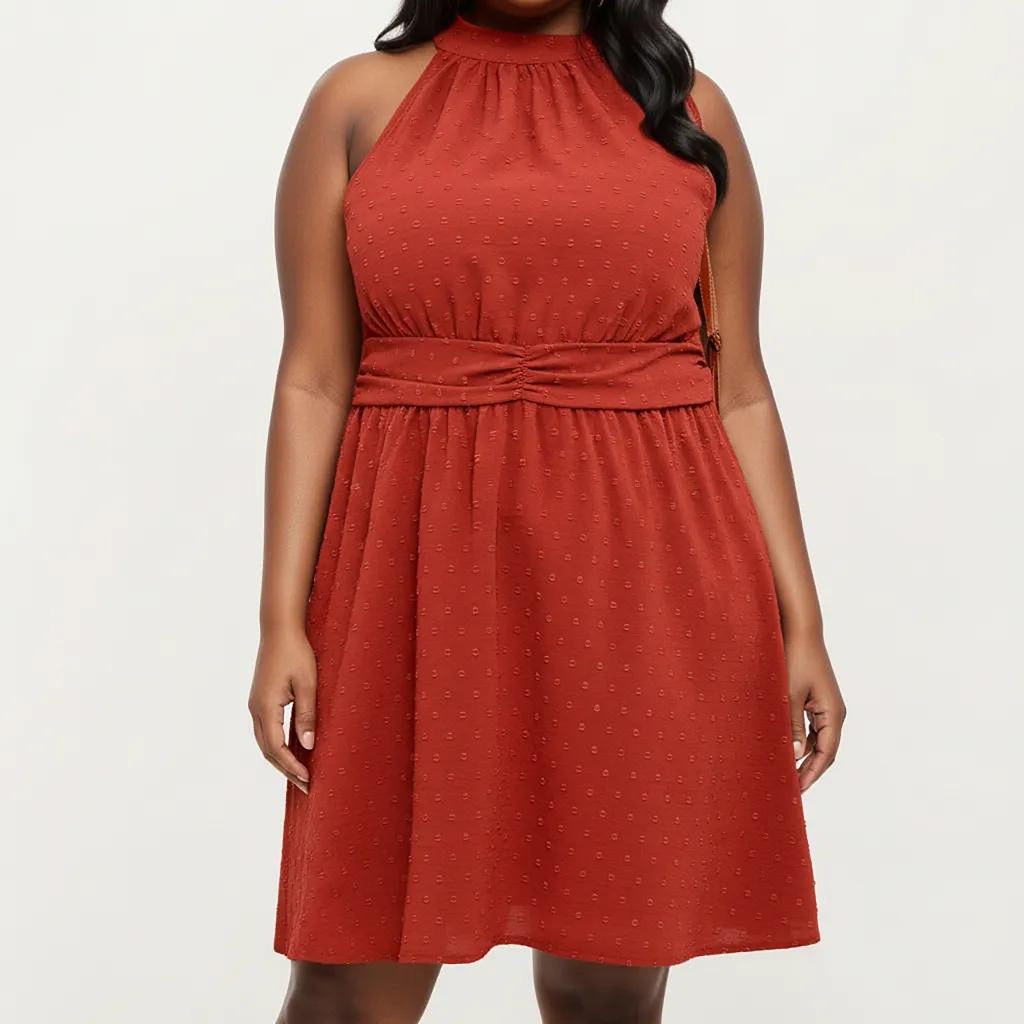 Anna-Kaci Women's Plus Size Sleeveless Halter Neck Dress with Textured Fabric High Neck A-Line Silhouette