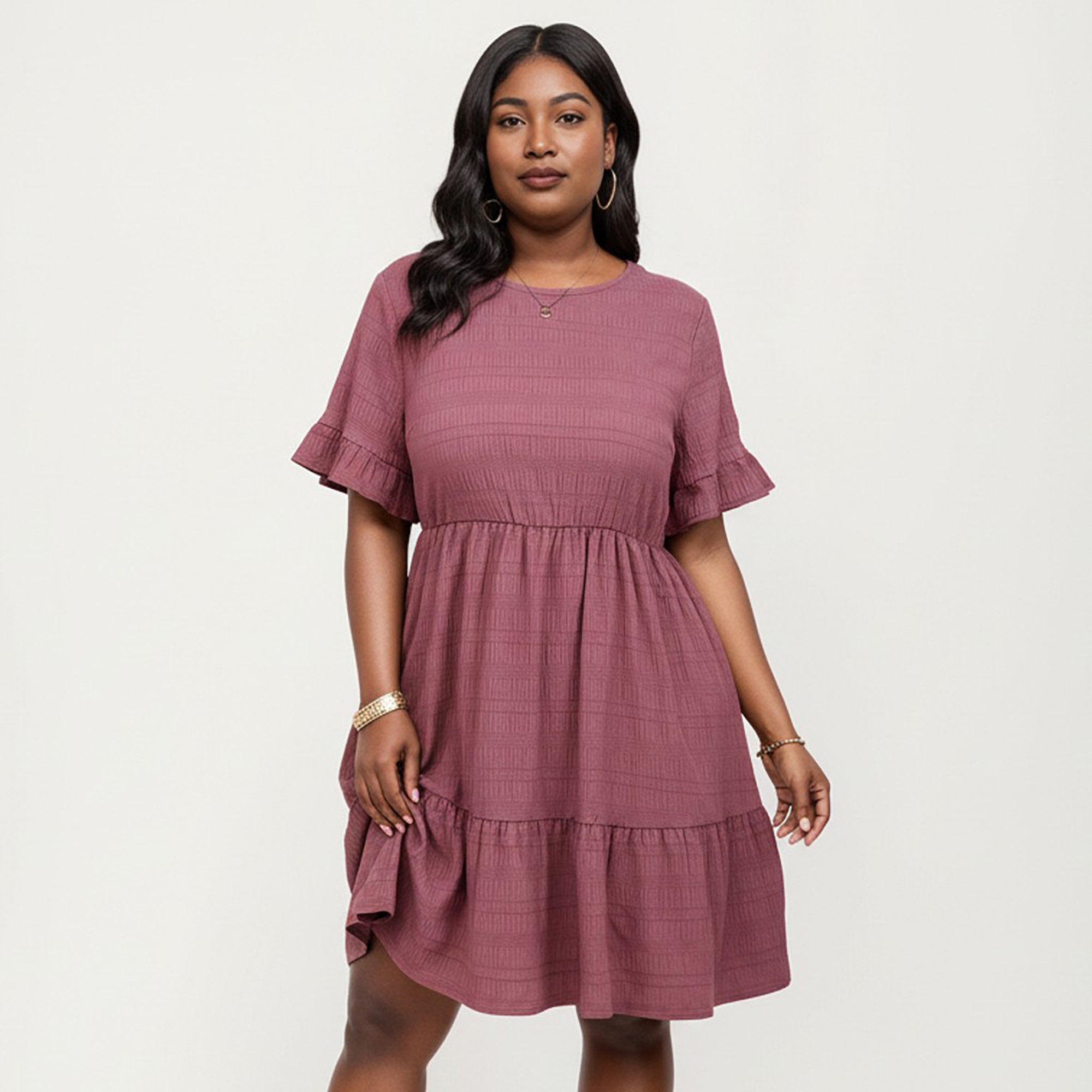 Anna-Kaci Women's Plus Size Short Sleeve Textured Dress with Crew Neck Tiered Skirt Ruffle Sleeve Detail