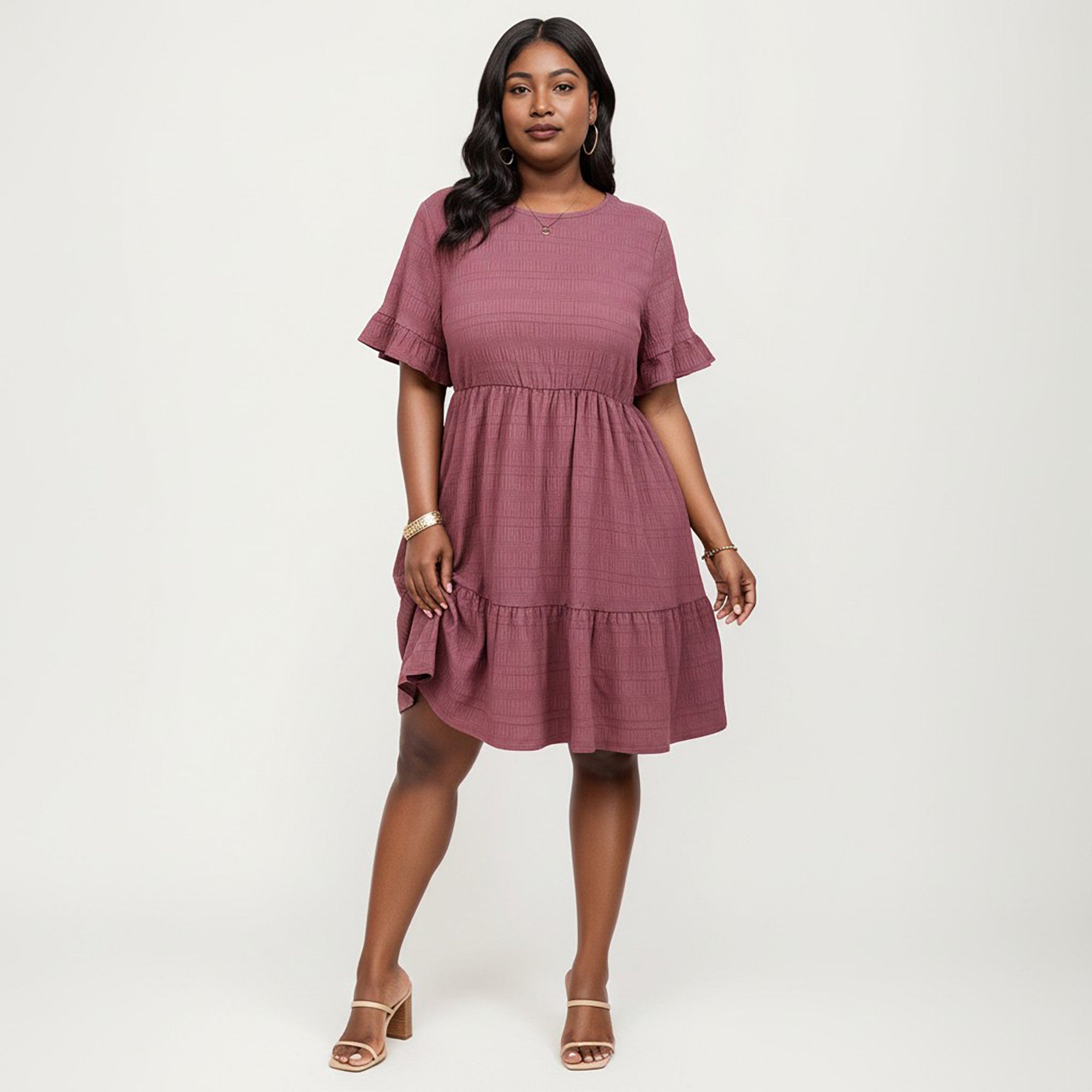 Anna-Kaci Women's Plus Size Short Sleeve Textured Dress with Crew Neck Tiered Skirt Ruffle Sleeve Detail