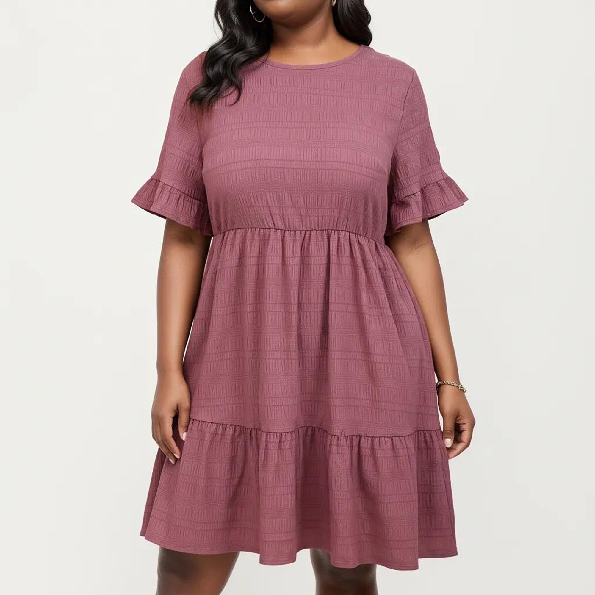 Anna-Kaci Women's Plus Size Short Sleeve Textured Dress with Crew Neck Tiered Skirt Ruffle Sleeve Detail