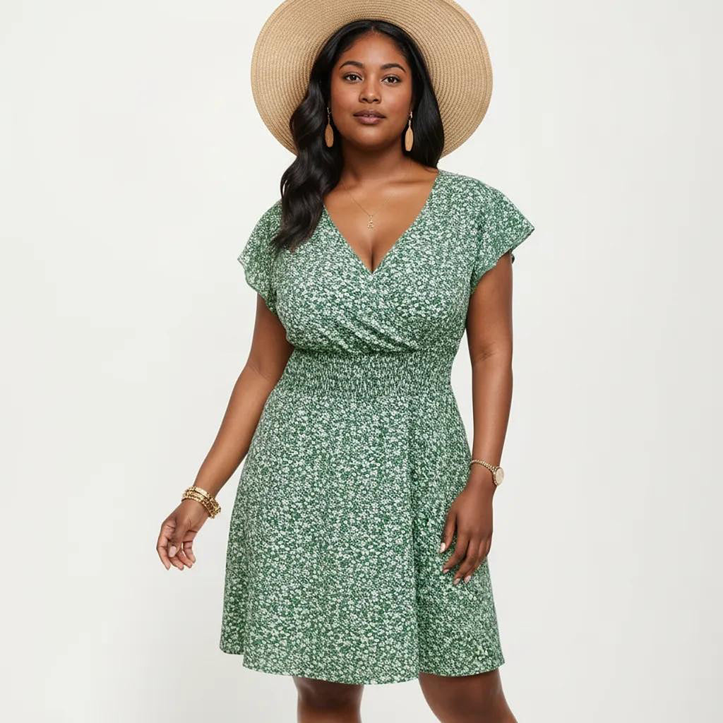 Anna-Kaci Women's Plus Size Short Sleeve V Neck Dress with Smocked Waist Floral Print Flowy A Line Silhouette