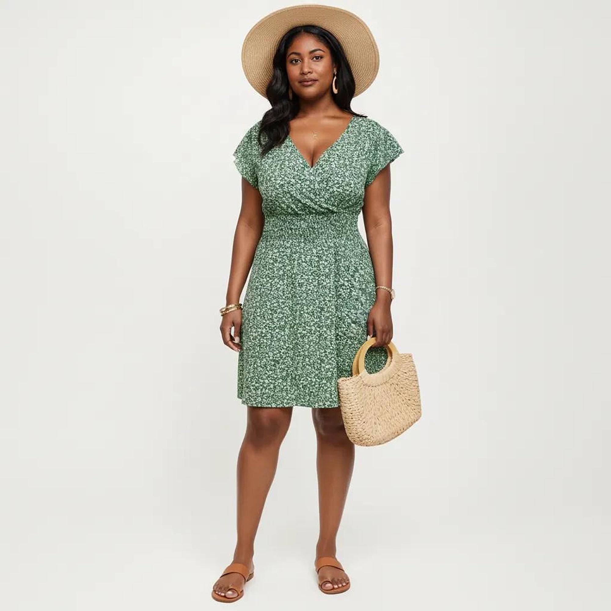 Anna-Kaci Women's Plus Size Short Sleeve V Neck Dress with Smocked Waist Floral Print Flowy A Line Silhouette