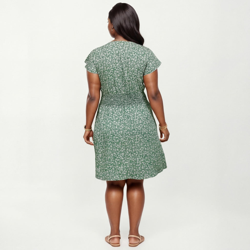 Anna-Kaci Women's Plus Size Short Sleeve V Neck Dress with Smocked Waist Floral Print Flowy A Line Silhouette