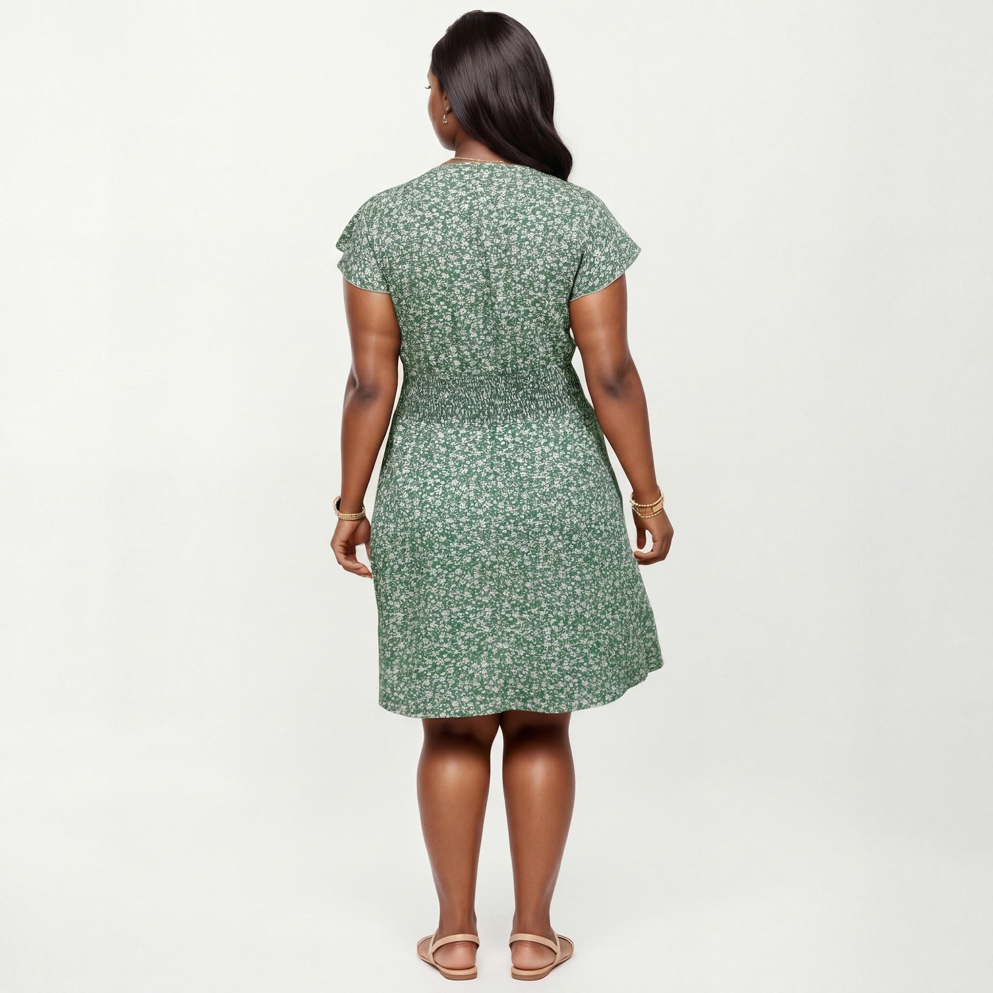 Anna-Kaci Women's Plus Size Short Sleeve V Neck Dress with Smocked Waist Floral Print Flowy A Line Silhouette