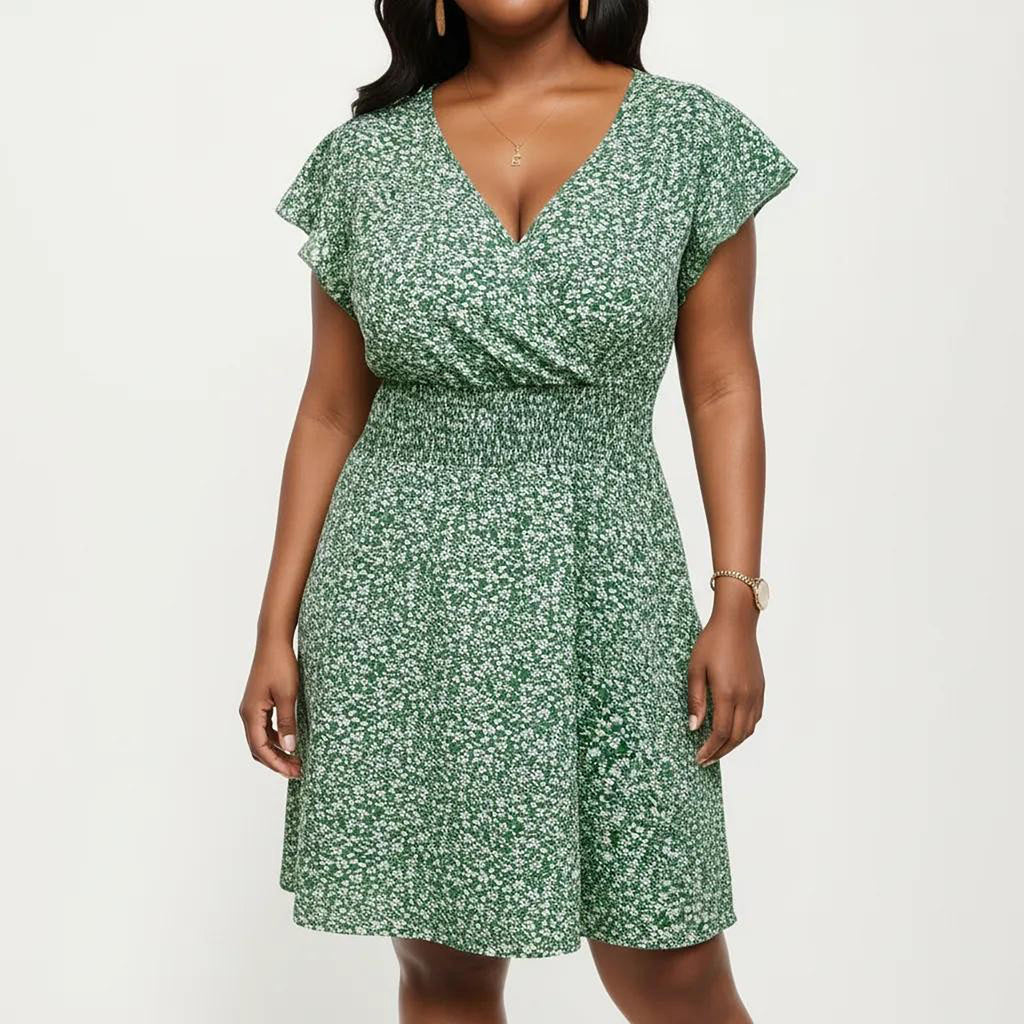 Anna-Kaci Women's Plus Size Short Sleeve V Neck Dress with Smocked Waist Floral Print Flowy A Line Silhouette
