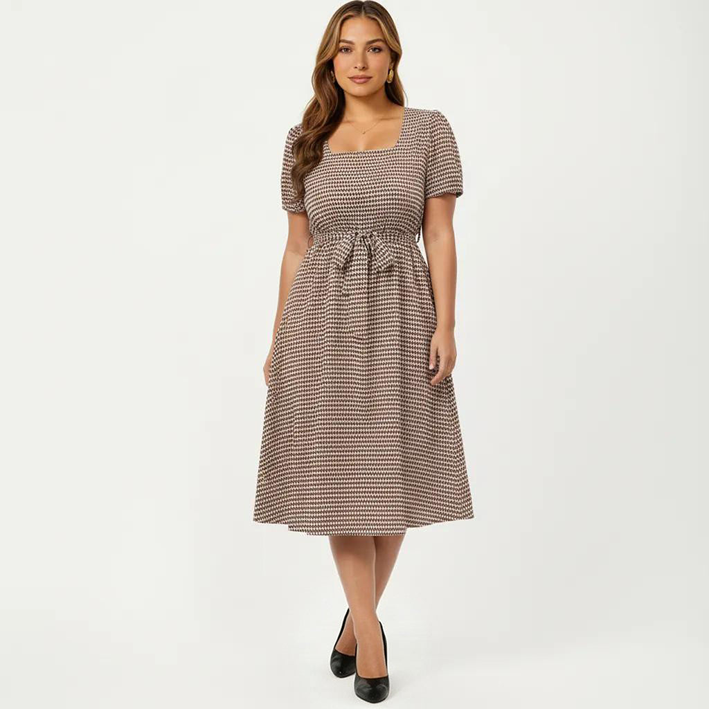 Anna-Kaci Women's Plus Size Short Sleeve Square Neck Dress with Waist Tie Detail Flowy A Line Midi Silhouette