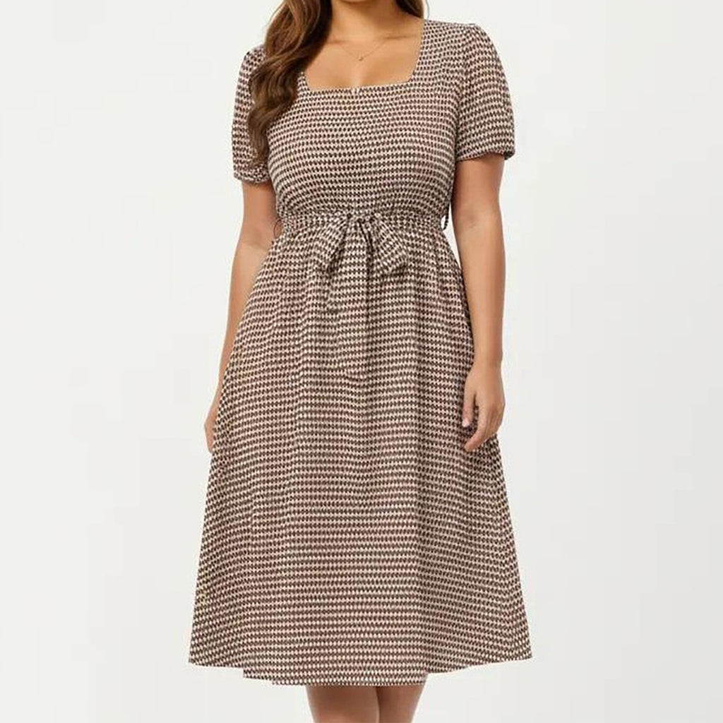 Anna-Kaci Women's Plus Size Short Sleeve Square Neck Dress with Waist Tie Detail Flowy A Line Midi Silhouette