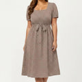 Anna-Kaci Women's Plus Size Short Sleeve Square Neck Dress with Waist Tie Detail Flowy A Line Midi Silhouette