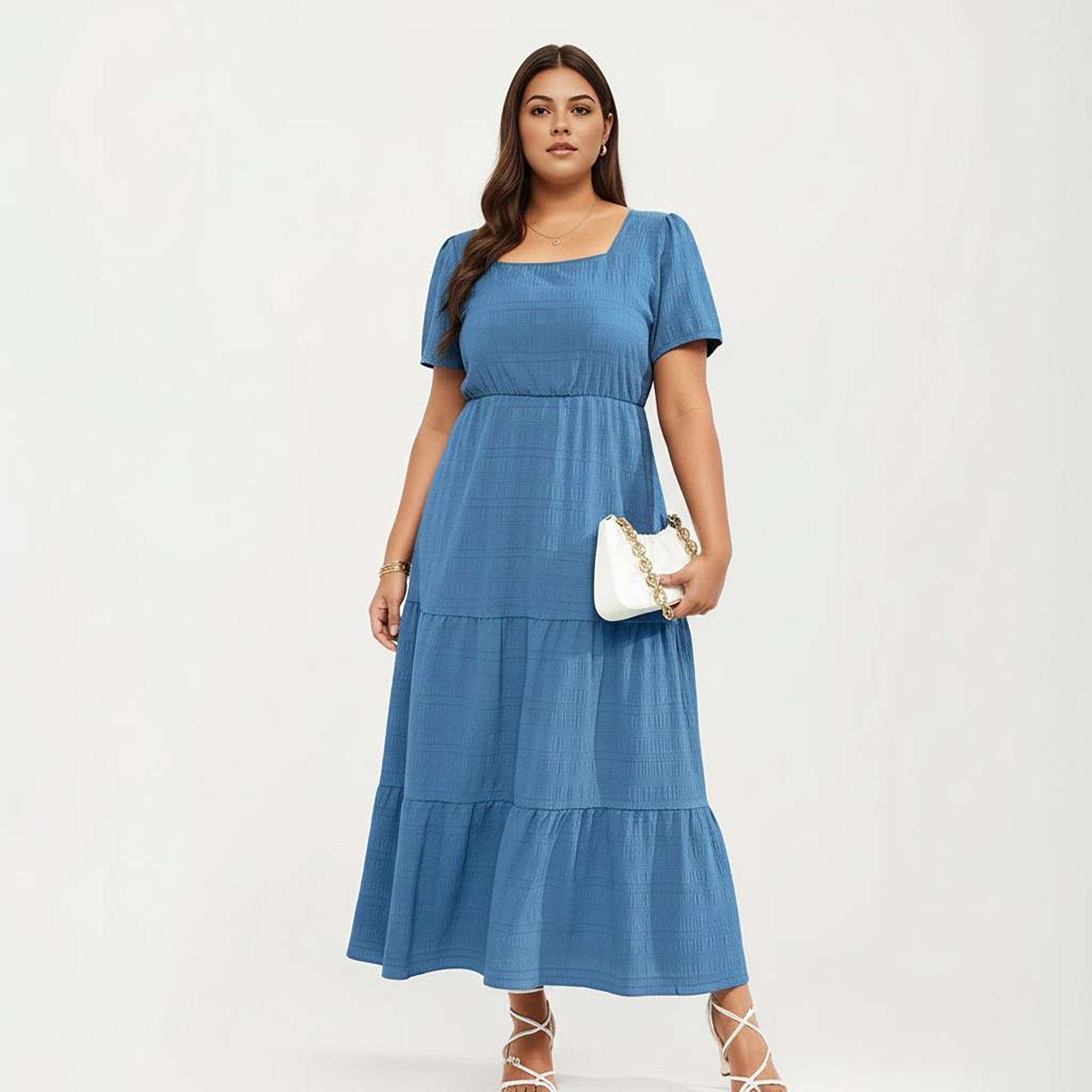 Anna-Kaci Women's Plus Size Short Sleeve Square Neck Maxi Dress with Tiered Skirt Flowy A Line Silhouette