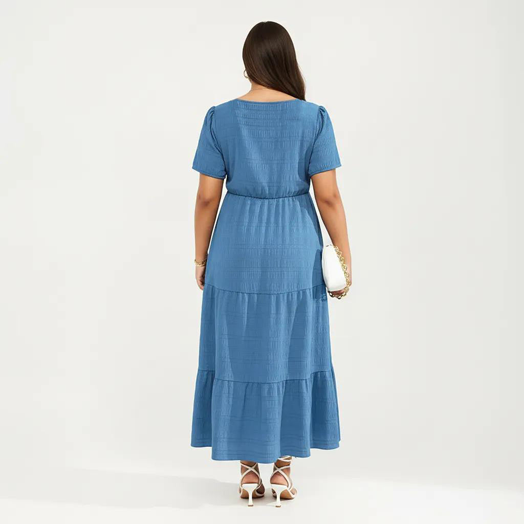 Anna-Kaci Women's Plus Size Short Sleeve Square Neck Maxi Dress with Tiered Skirt Flowy A Line Silhouette
