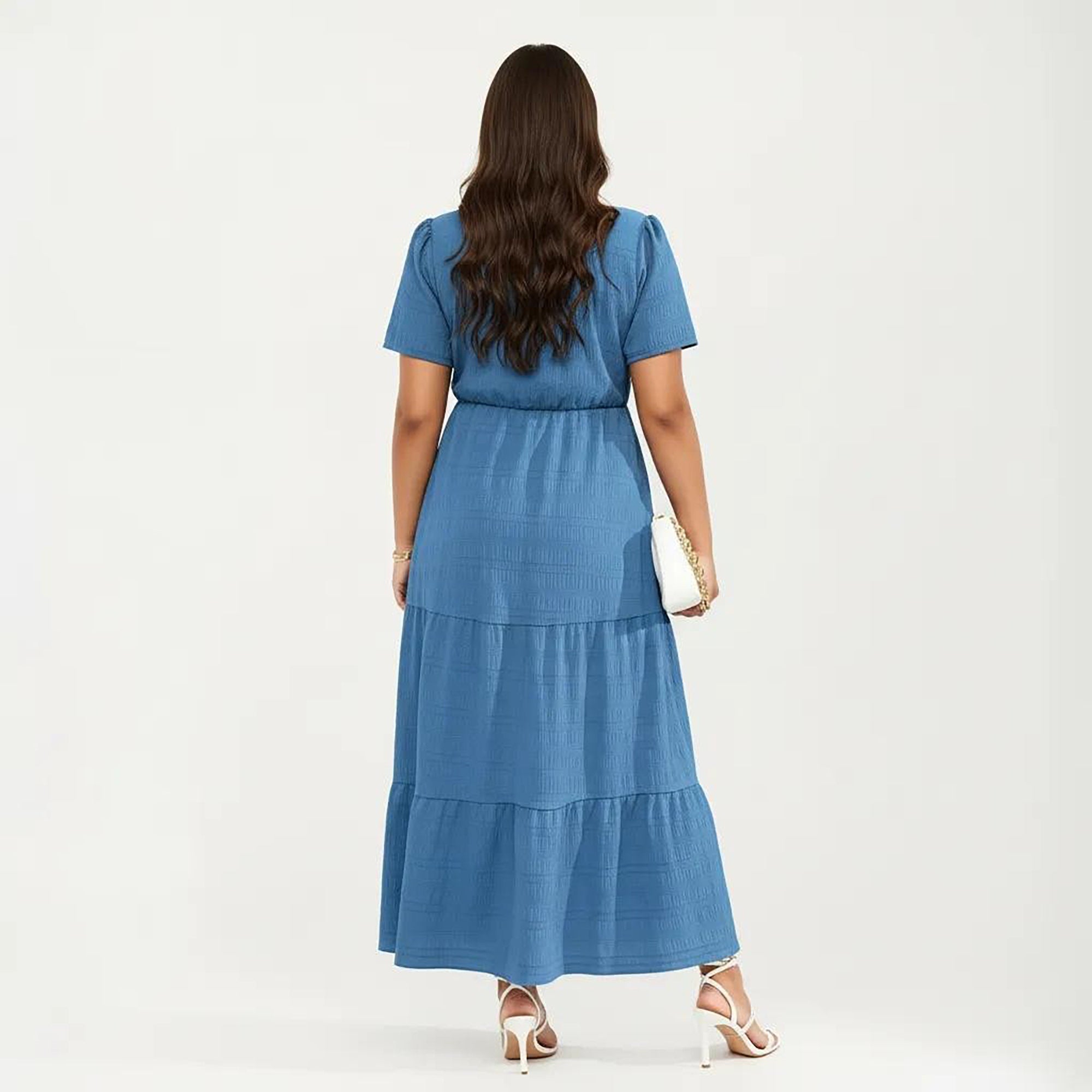 Anna-Kaci Women's Plus Size Short Sleeve Square Neck Maxi Dress with Tiered Skirt Flowy A Line Silhouette