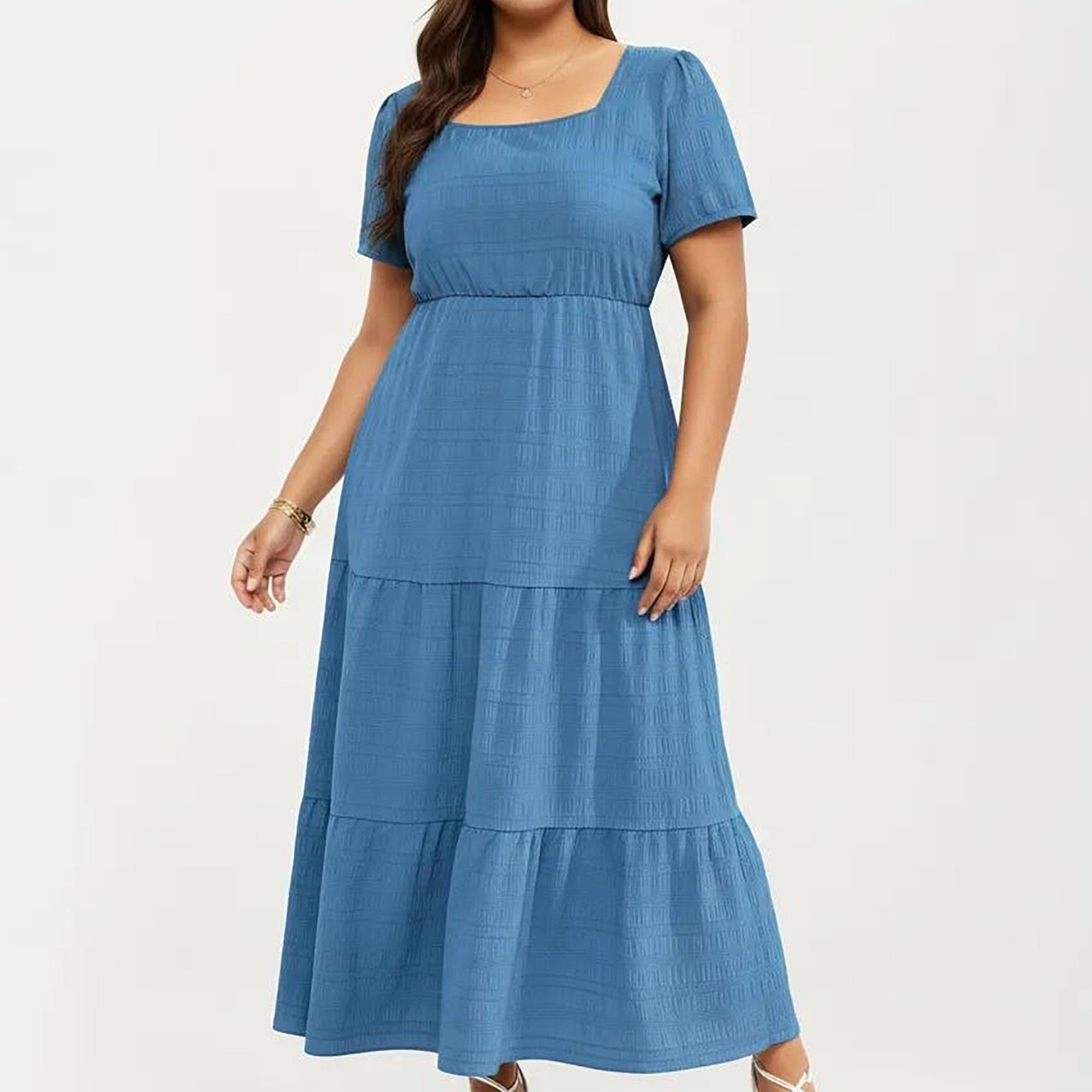Anna-Kaci Women's Plus Size Short Sleeve Square Neck Maxi Dress with Tiered Skirt Flowy A Line Silhouette