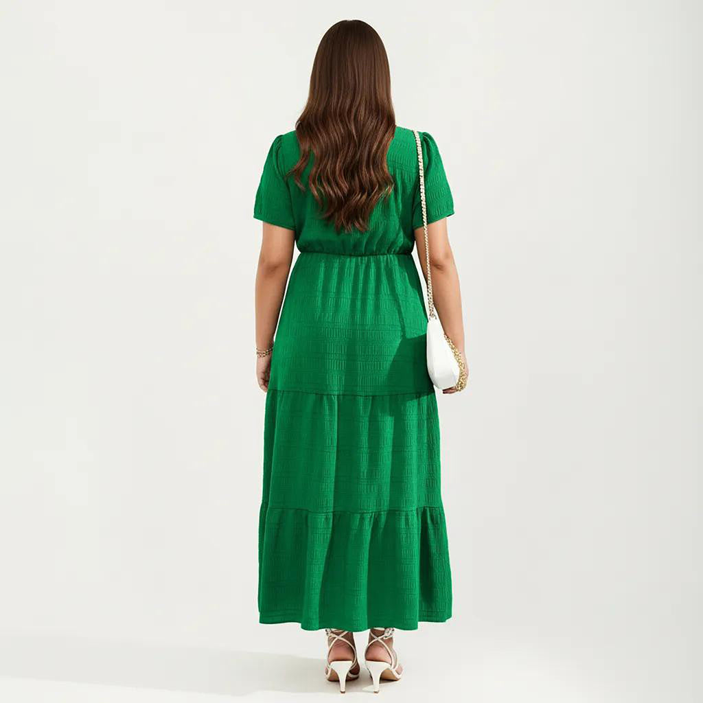 Anna-Kaci Women's Plus Size Short Sleeve Square Neck Maxi Dress with Tiered Skirt Flowy A Line Silhouette