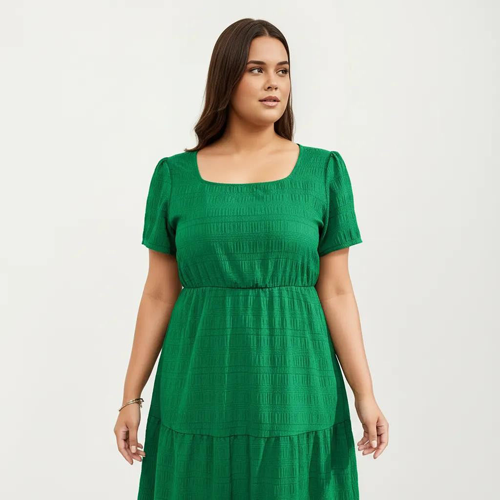 Anna-Kaci Women's Plus Size Short Sleeve Square Neck Maxi Dress with Tiered Skirt Flowy A Line Silhouette