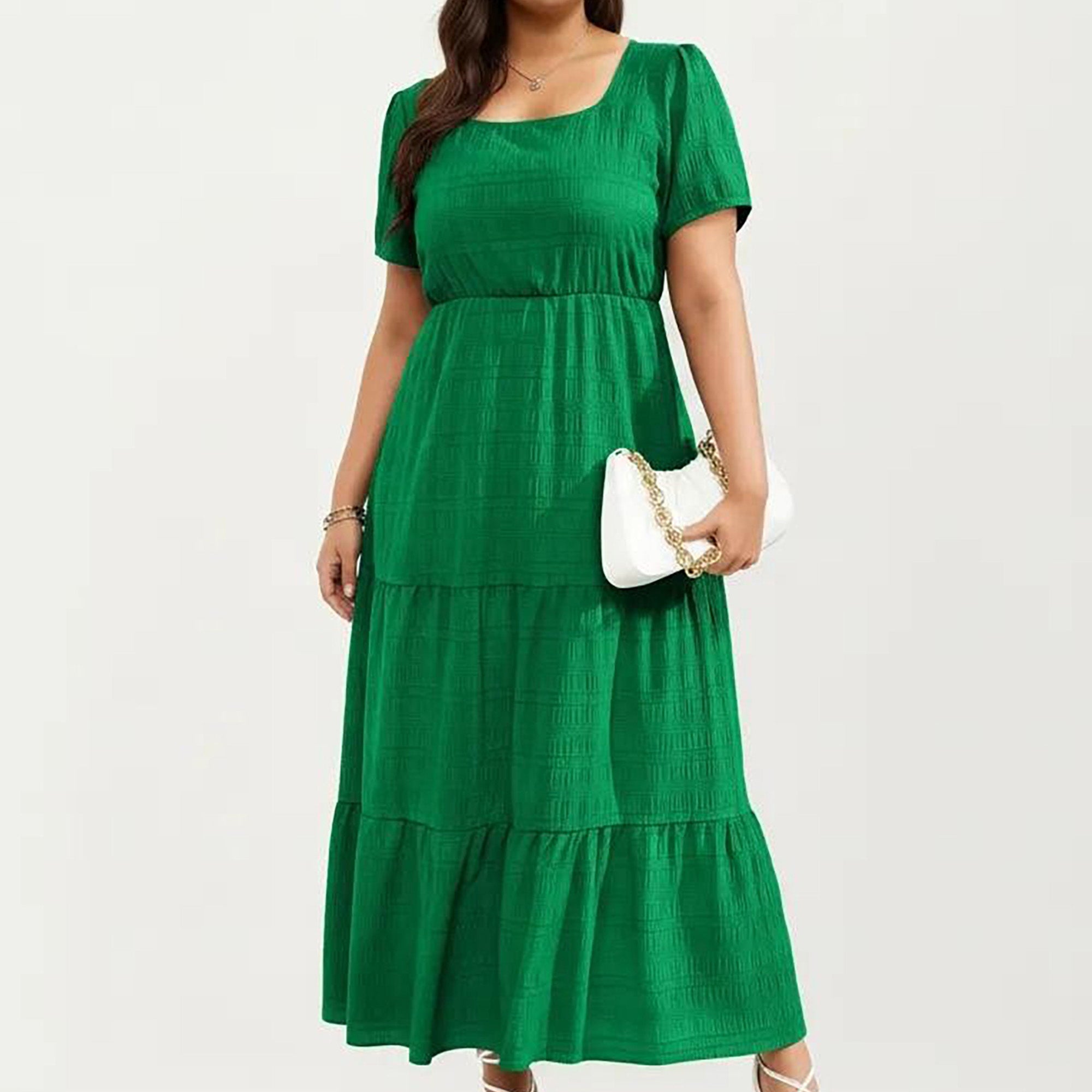 Anna-Kaci Women's Plus Size Short Sleeve Square Neck Maxi Dress with Tiered Skirt Flowy A Line Silhouette