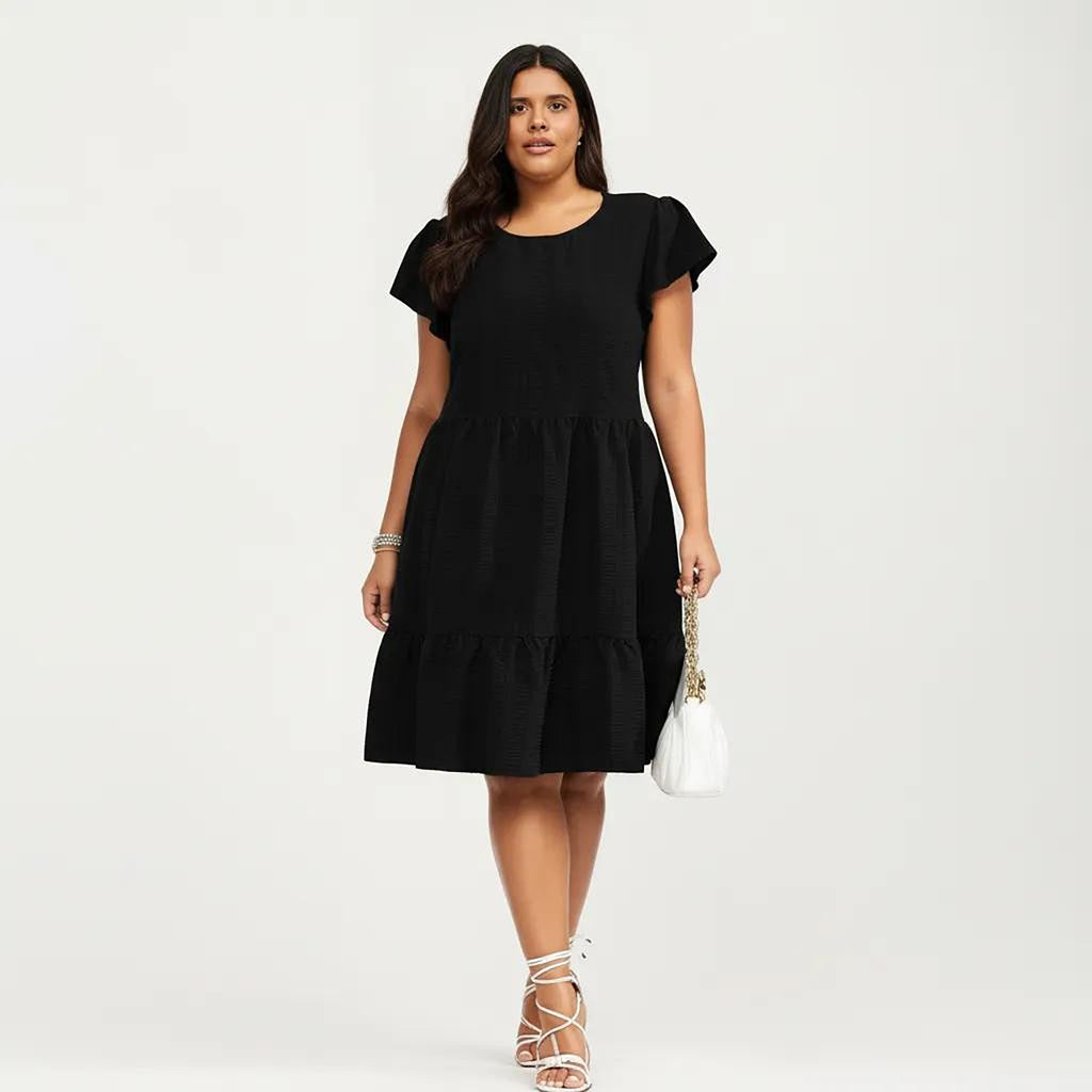 Anna-Kaci Women's Plus Size Short Sleeve Textured Dress with Crew Neck Tiered Skirt Ruffle Sleeve Detail