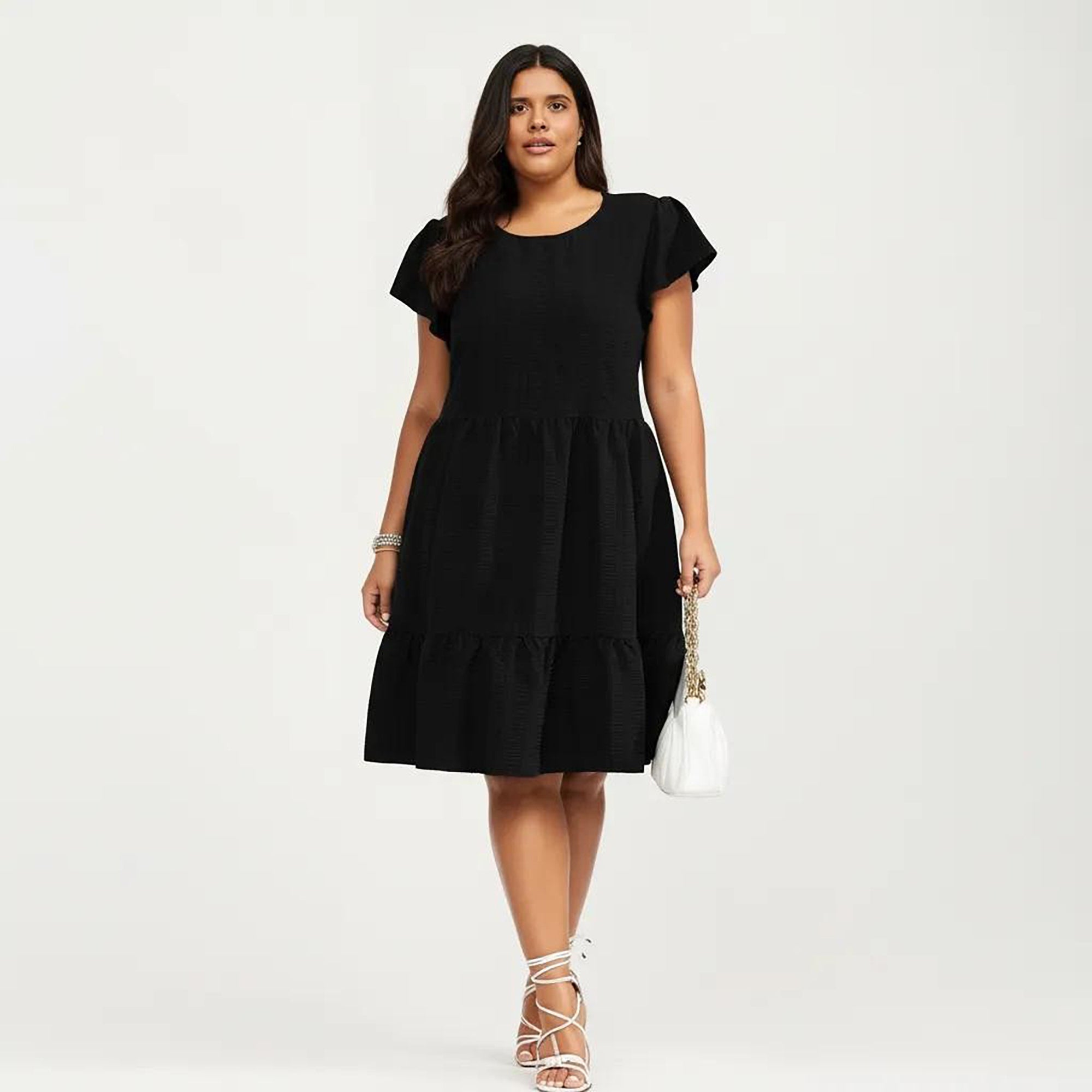 Anna-Kaci Women's Plus Size Short Sleeve Textured Dress with Crew Neck Tiered Skirt Ruffle Sleeve Detail