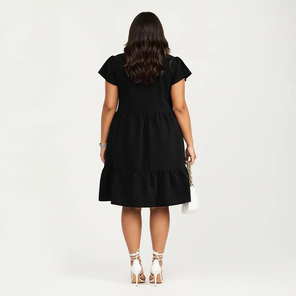 Anna-Kaci Women's Plus Size Short Sleeve Textured Dress with Crew Neck Tiered Skirt Ruffle Sleeve Detail