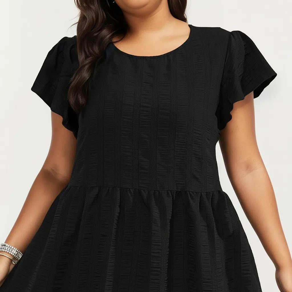 Anna-Kaci Women's Plus Size Short Sleeve Textured Dress with Crew Neck Tiered Skirt Ruffle Sleeve Detail