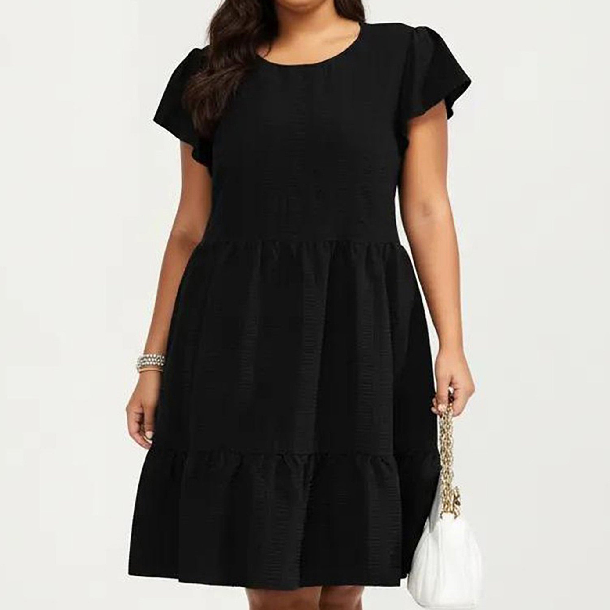 Anna-Kaci Women's Plus Size Short Sleeve Textured Dress with Crew Neck Tiered Skirt Ruffle Sleeve Detail
