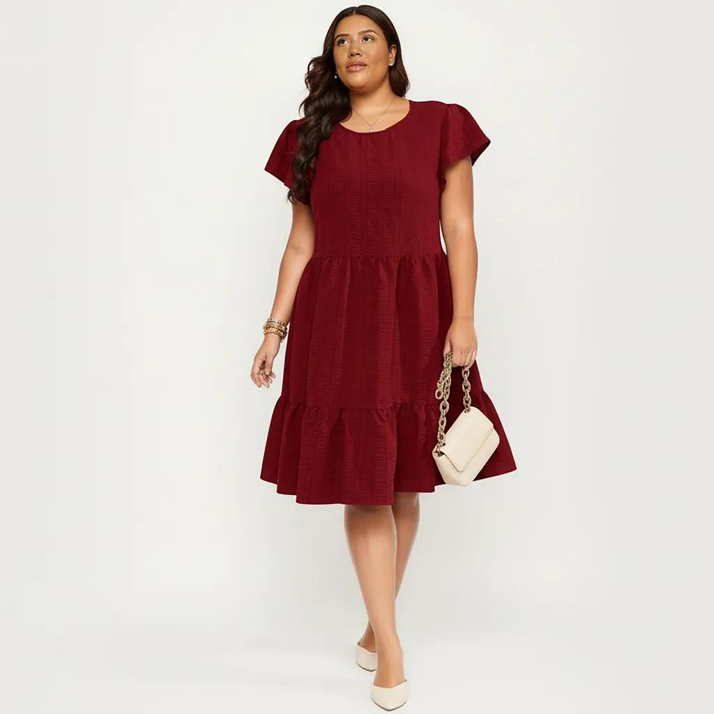 Anna-Kaci Women's Plus Size Short Sleeve Textured Dress with Crew Neck Tiered Skirt Ruffle Sleeve Detail