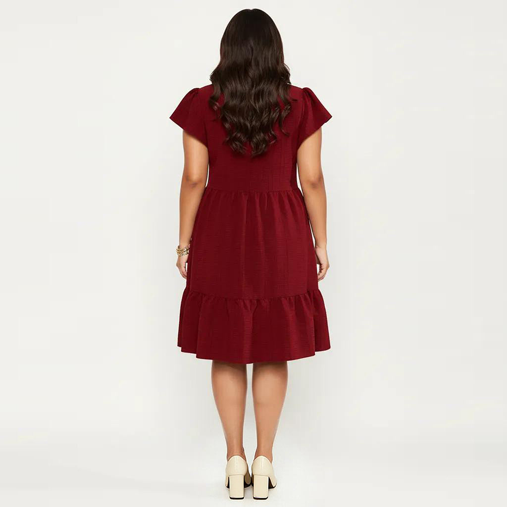 Anna-Kaci Women's Plus Size Short Sleeve Textured Dress with Crew Neck Tiered Skirt Ruffle Sleeve Detail