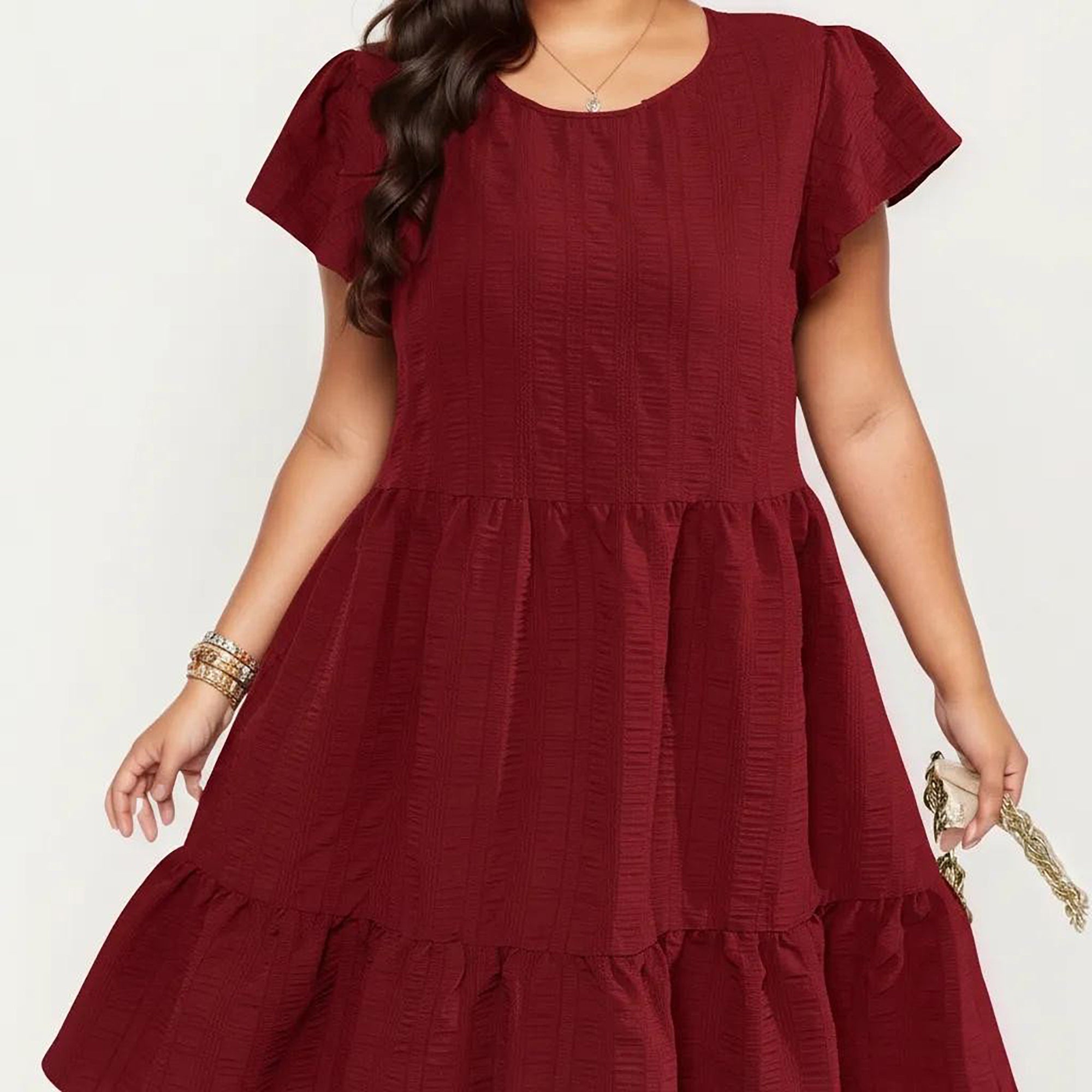 Anna-Kaci Women's Plus Size Short Sleeve Textured Dress with Crew Neck Tiered Skirt Ruffle Sleeve Detail