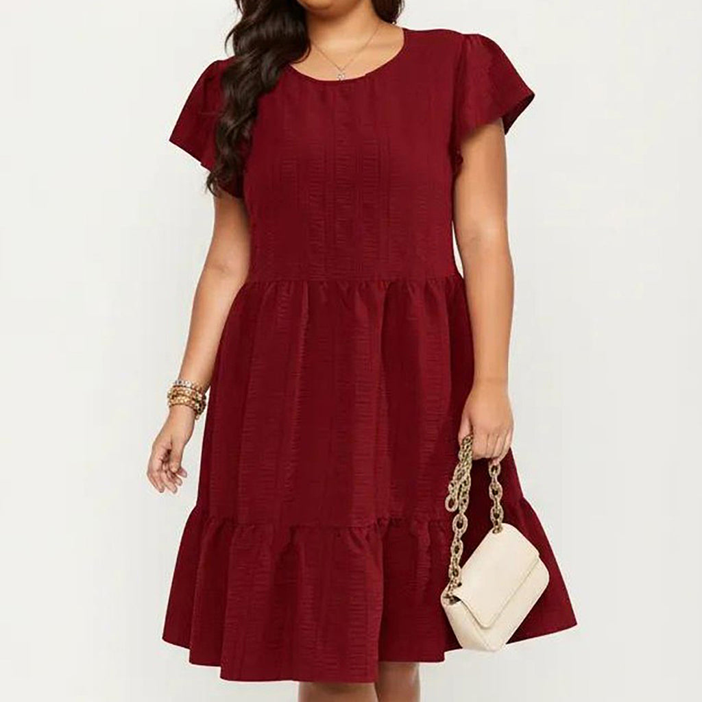 Anna-Kaci Women's Plus Size Short Sleeve Textured Dress with Crew Neck Tiered Skirt Ruffle Sleeve Detail