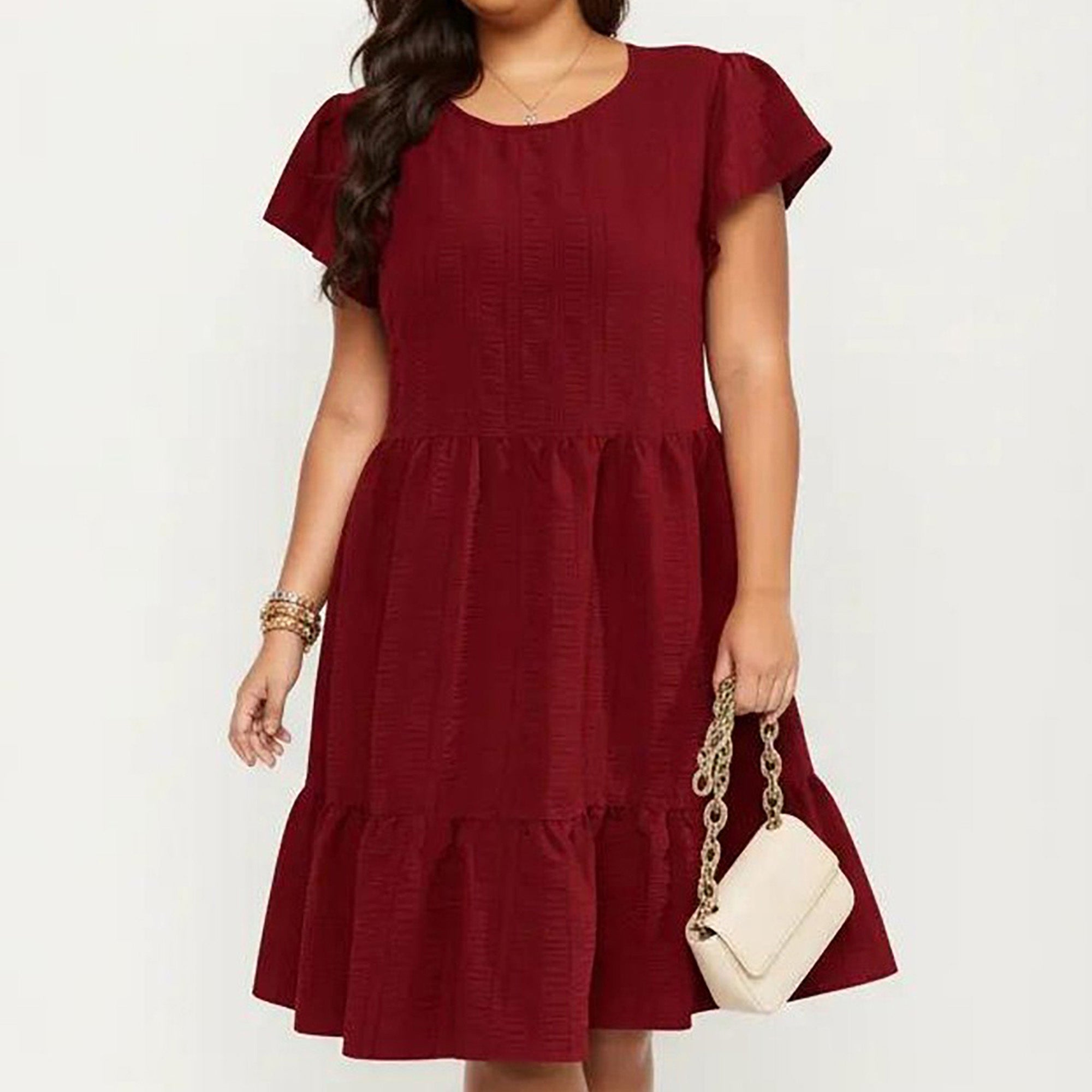 Anna-Kaci Women's Plus Size Short Sleeve Textured Dress with Crew Neck Tiered Skirt Ruffle Sleeve Detail