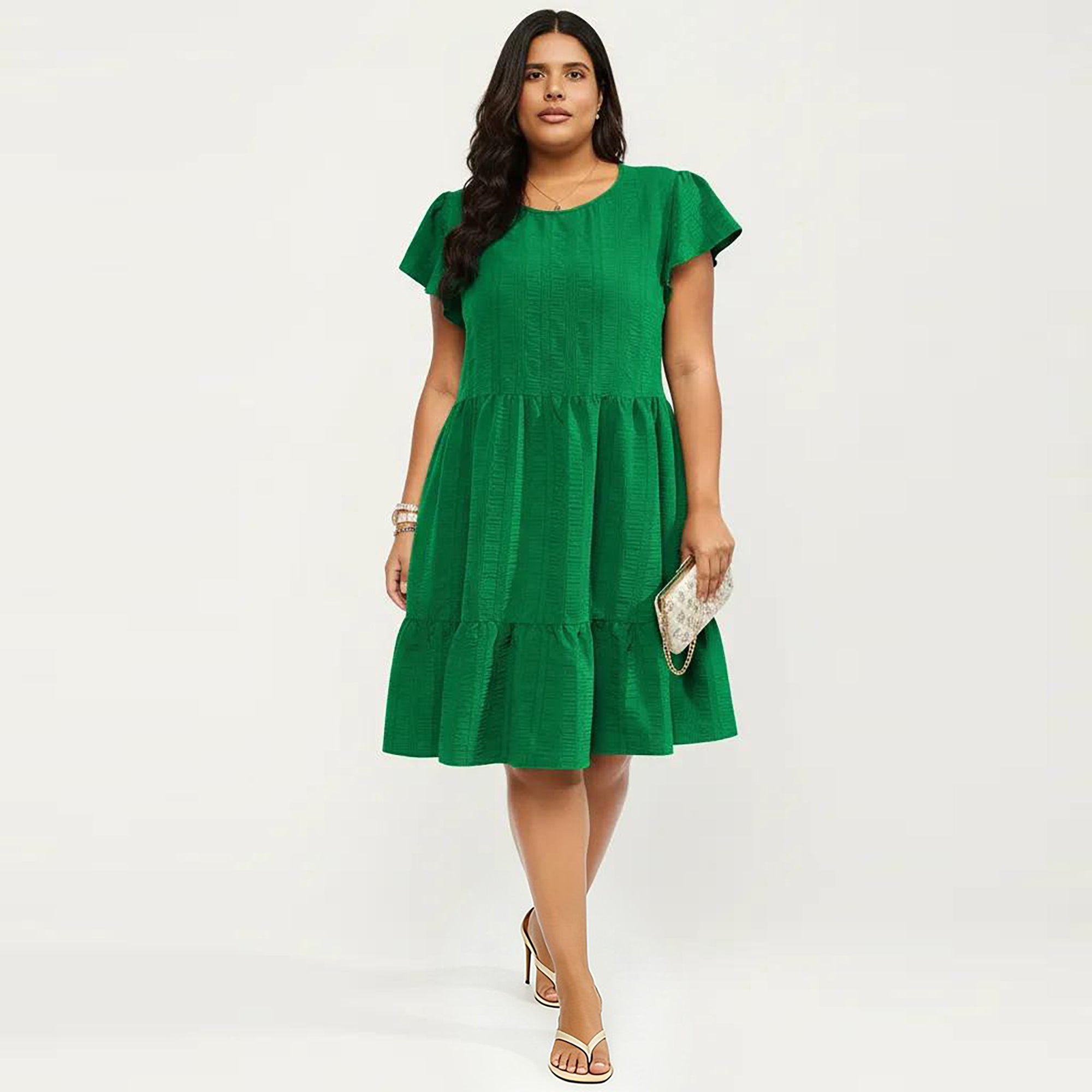 Anna-Kaci Women's Plus Size Short Sleeve Textured Dress with Crew Neck Tiered Skirt Ruffle Sleeve Detail