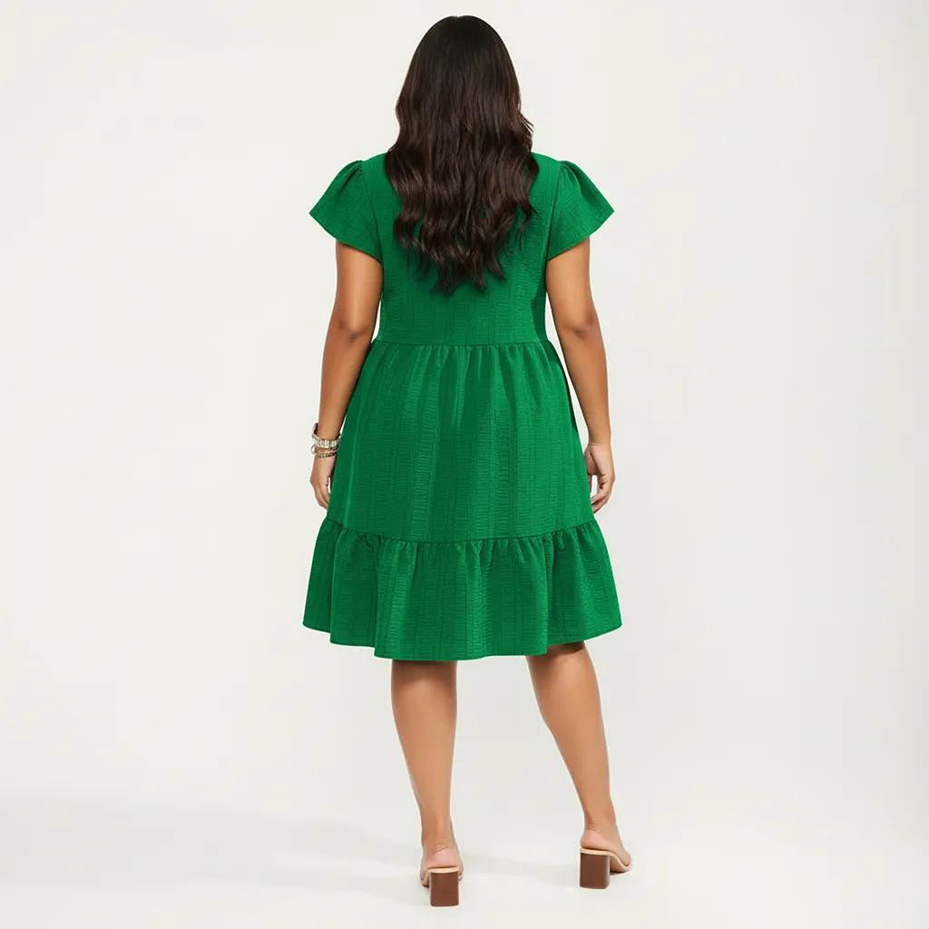 Anna-Kaci Women's Plus Size Short Sleeve Textured Dress with Crew Neck Tiered Skirt Ruffle Sleeve Detail