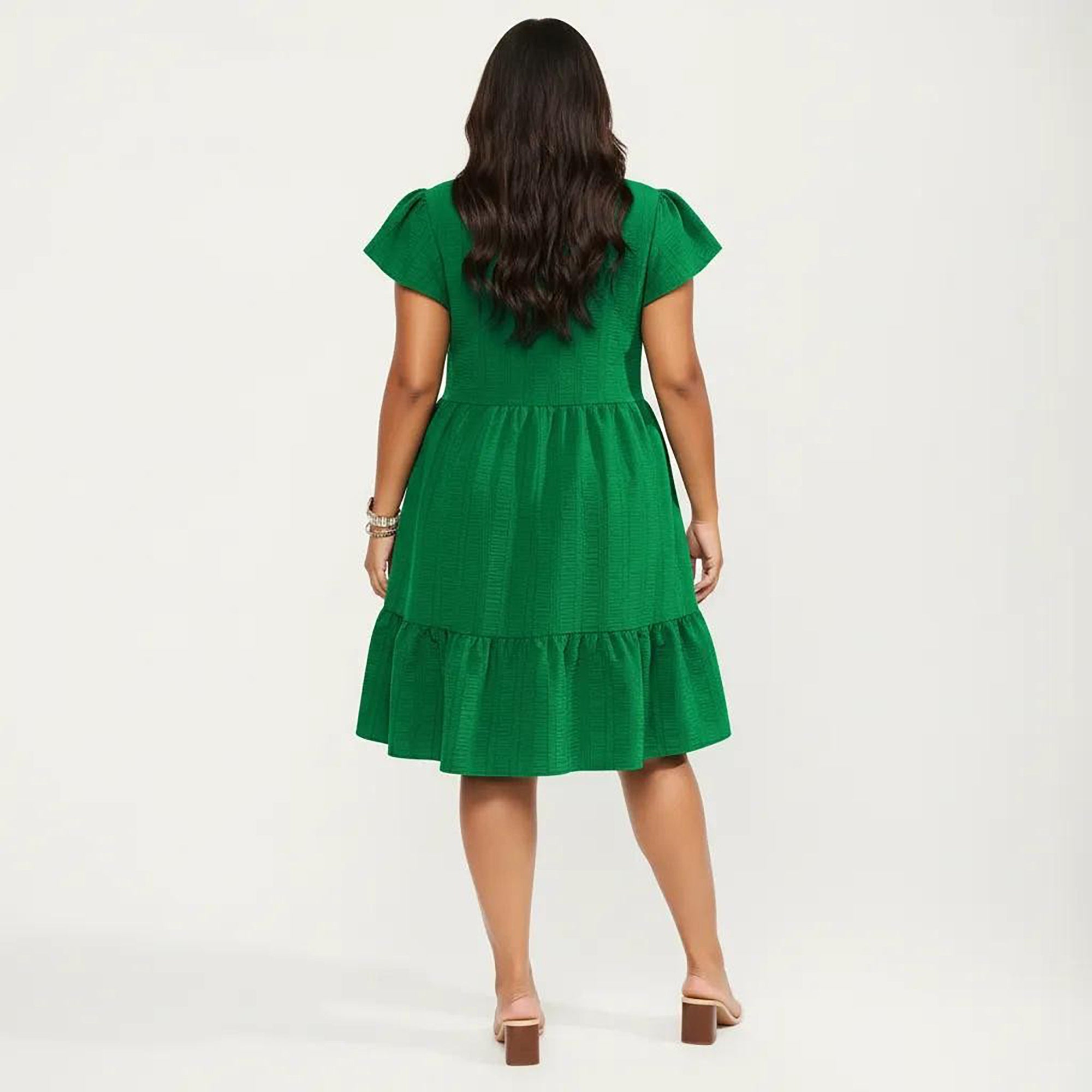 Anna-Kaci Women's Plus Size Short Sleeve Textured Dress with Crew Neck Tiered Skirt Ruffle Sleeve Detail