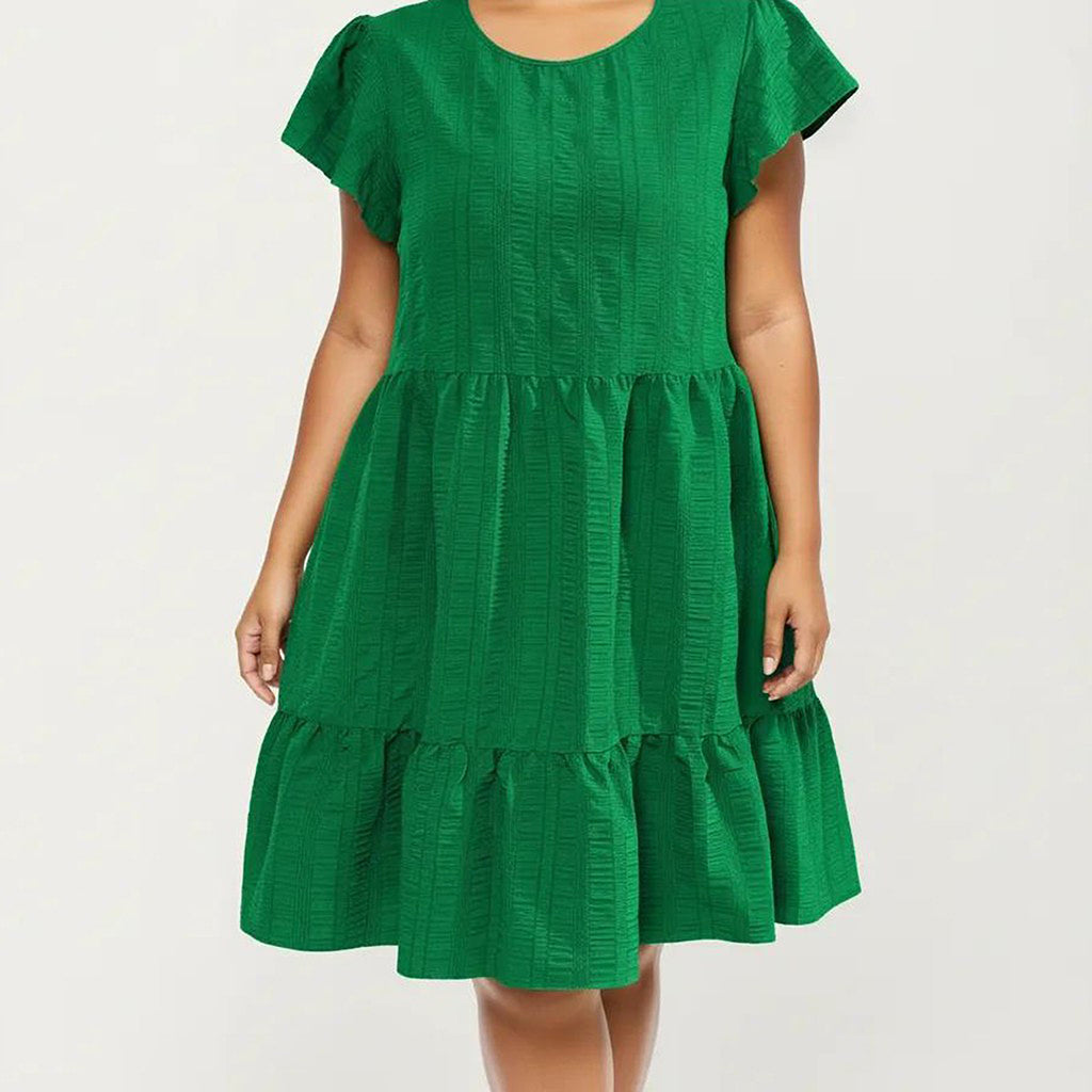 Anna-Kaci Women's Plus Size Short Sleeve Textured Dress with Crew Neck Tiered Skirt Ruffle Sleeve Detail