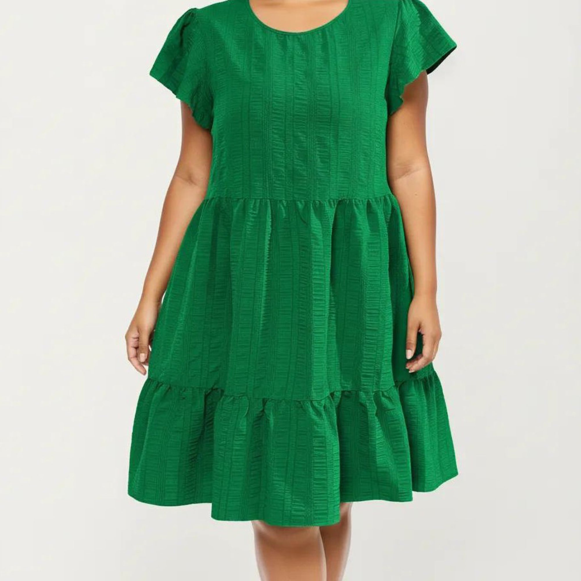 Anna-Kaci Women's Plus Size Short Sleeve Textured Dress with Crew Neck Tiered Skirt Ruffle Sleeve Detail